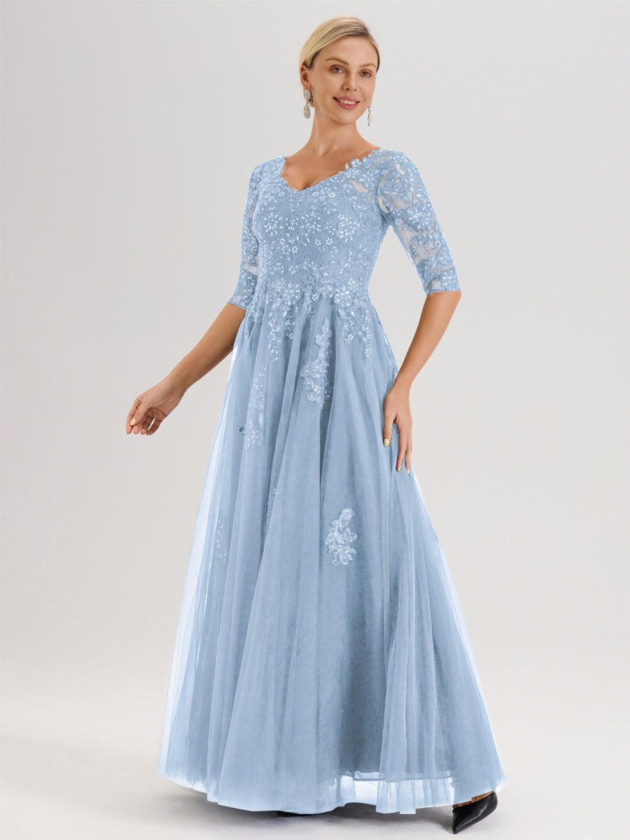 Cicinia Bleu Ciel Robe De Mère De La Mariée Longue Ligne A En Tulle Mousseline Et Dentelle À Décolleté En V Et Manches Demi