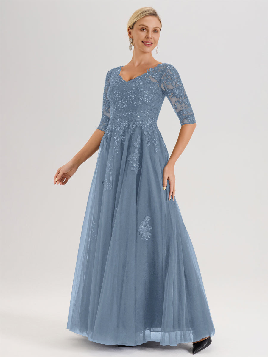 Cicinia Bleu De Schiste Robe De Mère De La Mariée Longue Ligne A En Tulle Mousseline Et Dentelle À Décolleté En V Et Manches Demi