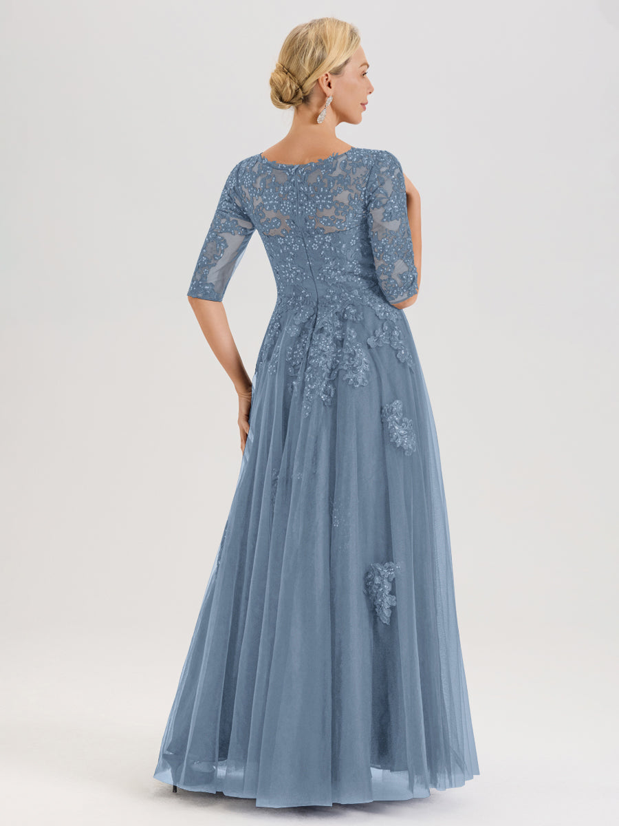 Cicinia Bleu De Schiste Robe De Mère De La Mariée Longue Ligne A En Tulle Mousseline Et Dentelle À Décolleté En V Et Manches Demi