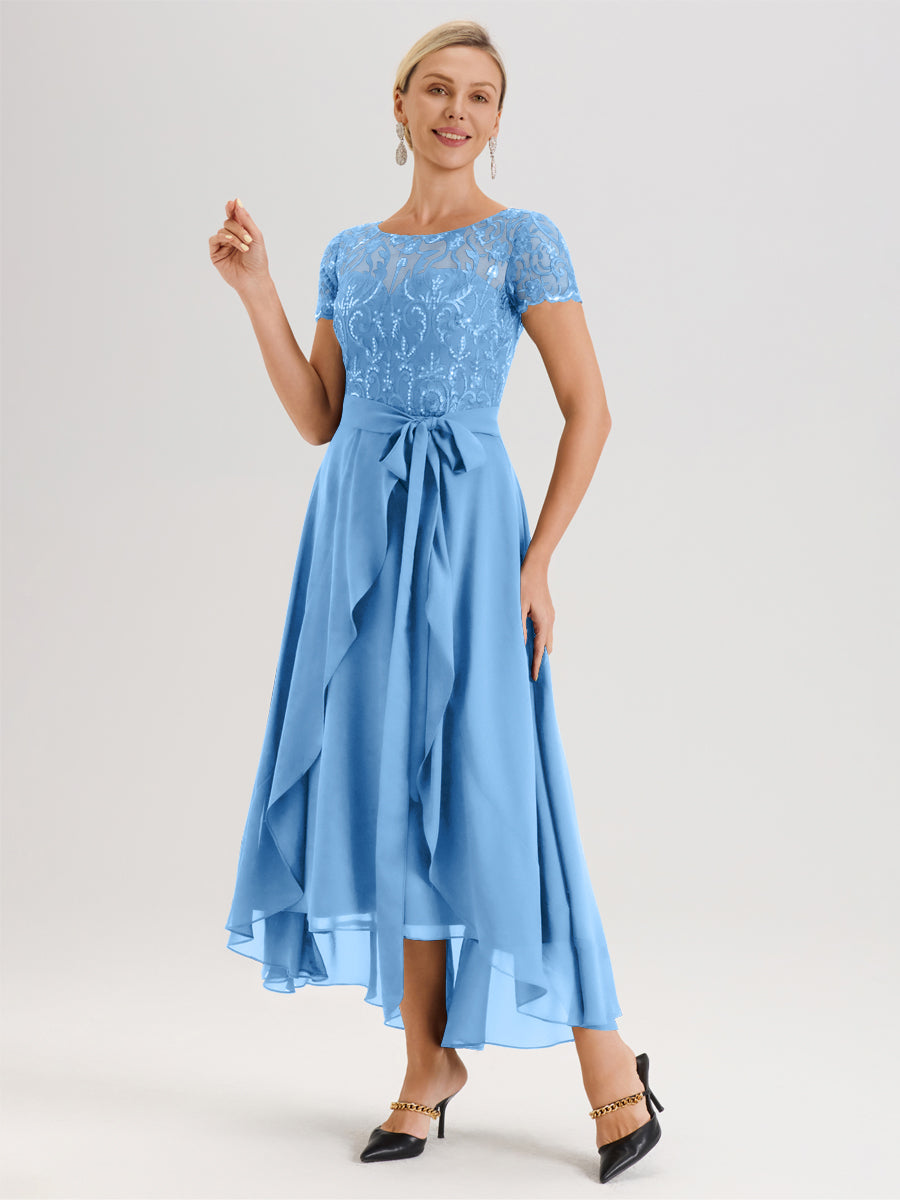Cicinia Bleu Robe De Mère De La Mariée Longue À Ourlet Asymétrique Ligne A En Dentelle Et Mousseline À Col Rond Et Manches Demi