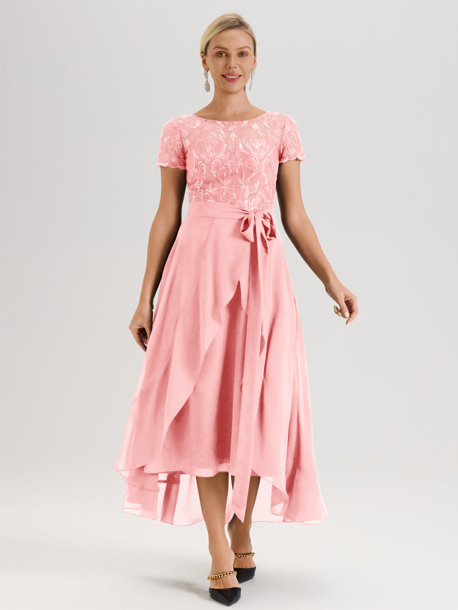 Cicinia Rose Robe De Mère De La Mariée Longue À Ourlet Asymétrique Ligne A En Dentelle Et Mousseline À Col Rond Et Manches Demi