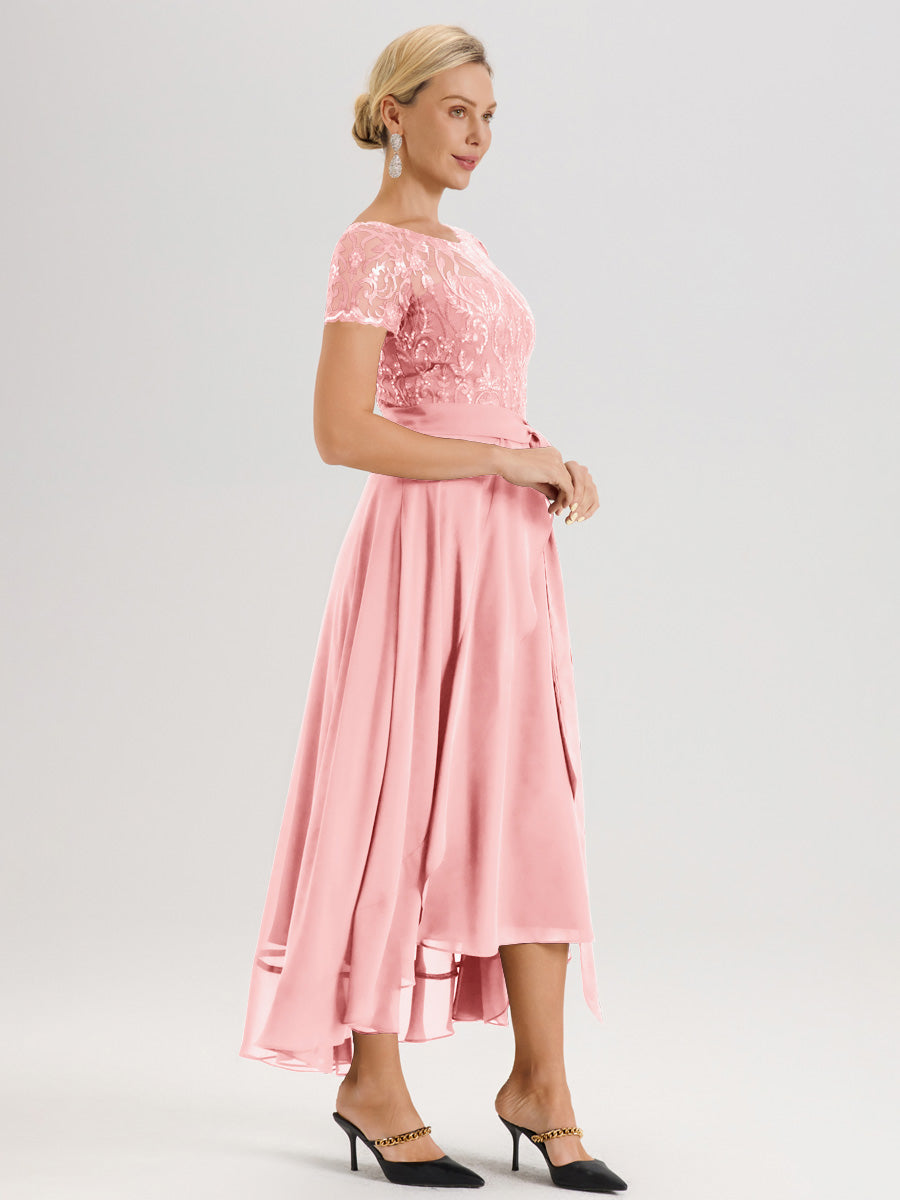 Cicinia Rose Robe De Mère De La Mariée Longue À Ourlet Asymétrique Ligne A En Dentelle Et Mousseline À Col Rond Et Manches Demi