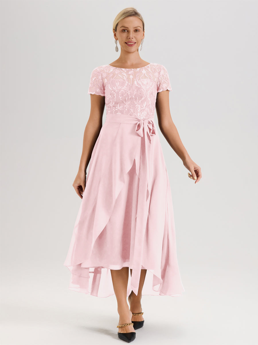 Cicinia Rose Pâle Robe De Mère De La Mariée Longue À Ourlet Asymétrique Ligne A En Dentelle Et Mousseline À Col Rond Et Manches Demi