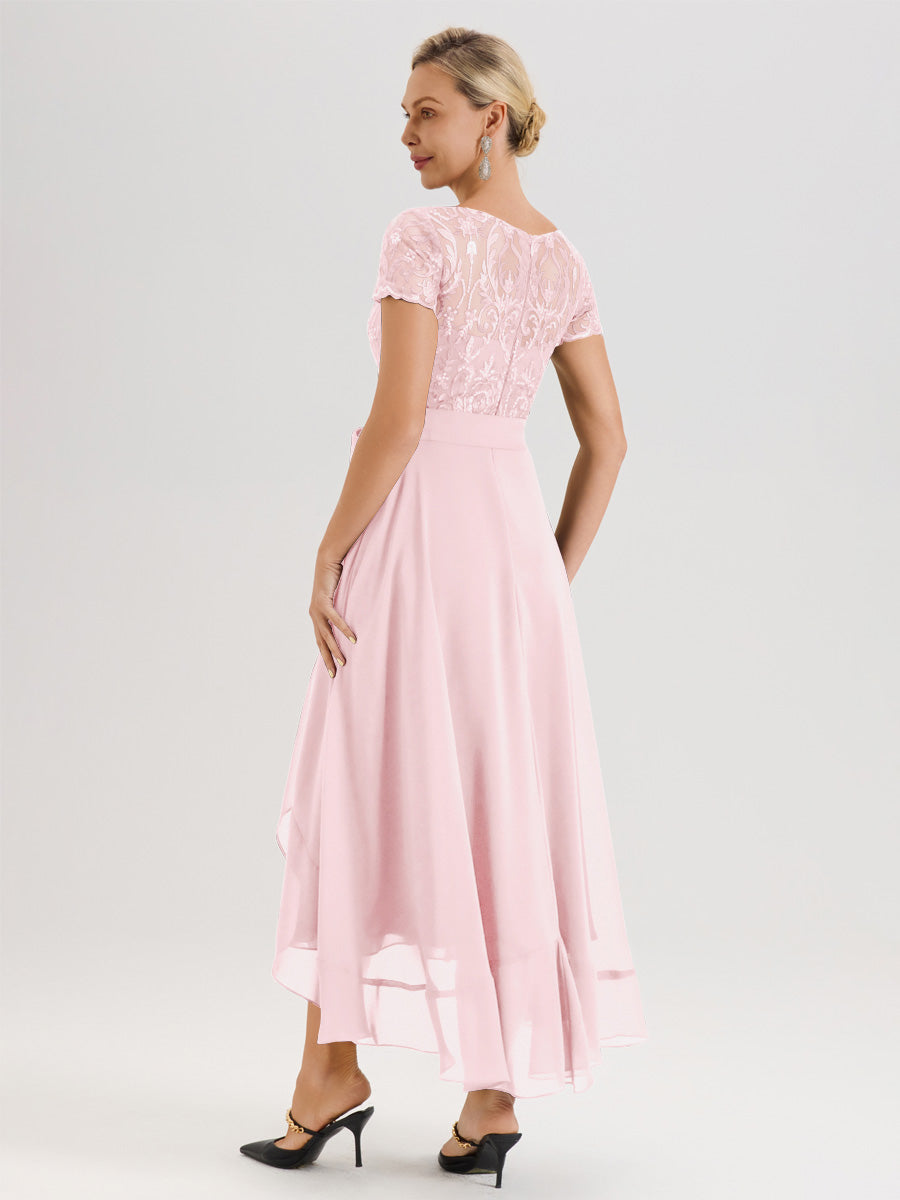 Cicinia Rose Pâle Robe De Mère De La Mariée Longue À Ourlet Asymétrique Ligne A En Dentelle Et Mousseline À Col Rond Et Manches Demi
