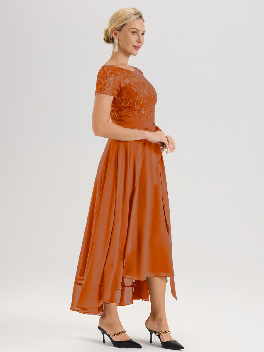 Cicinia Orange Brûlé Robe De Mère De La Mariée Longue À Ourlet Asymétrique Ligne A En Dentelle Et Mousseline À Col Rond Et Manches Demi