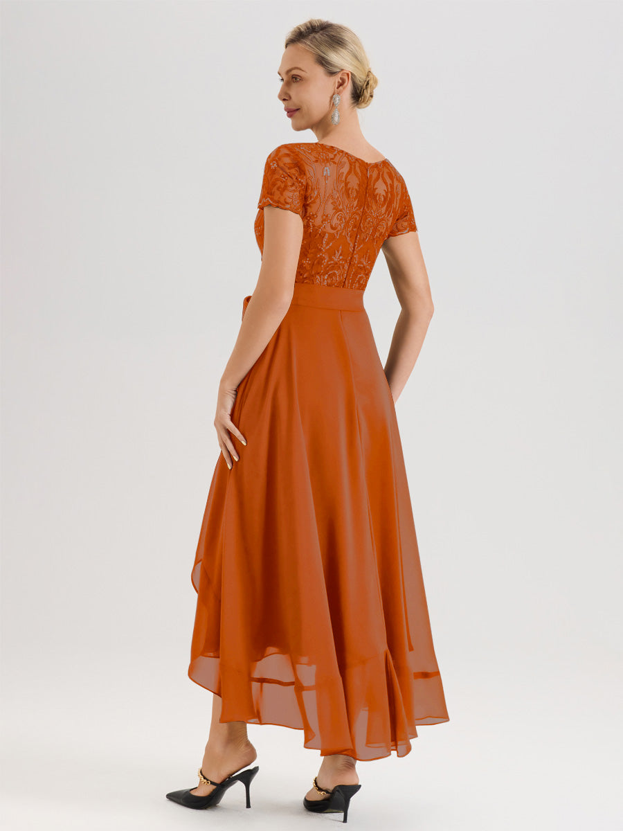 Cicinia Orange Brûlé Robe De Mère De La Mariée Longue À Ourlet Asymétrique Ligne A En Dentelle Et Mousseline À Col Rond Et Manches Demi