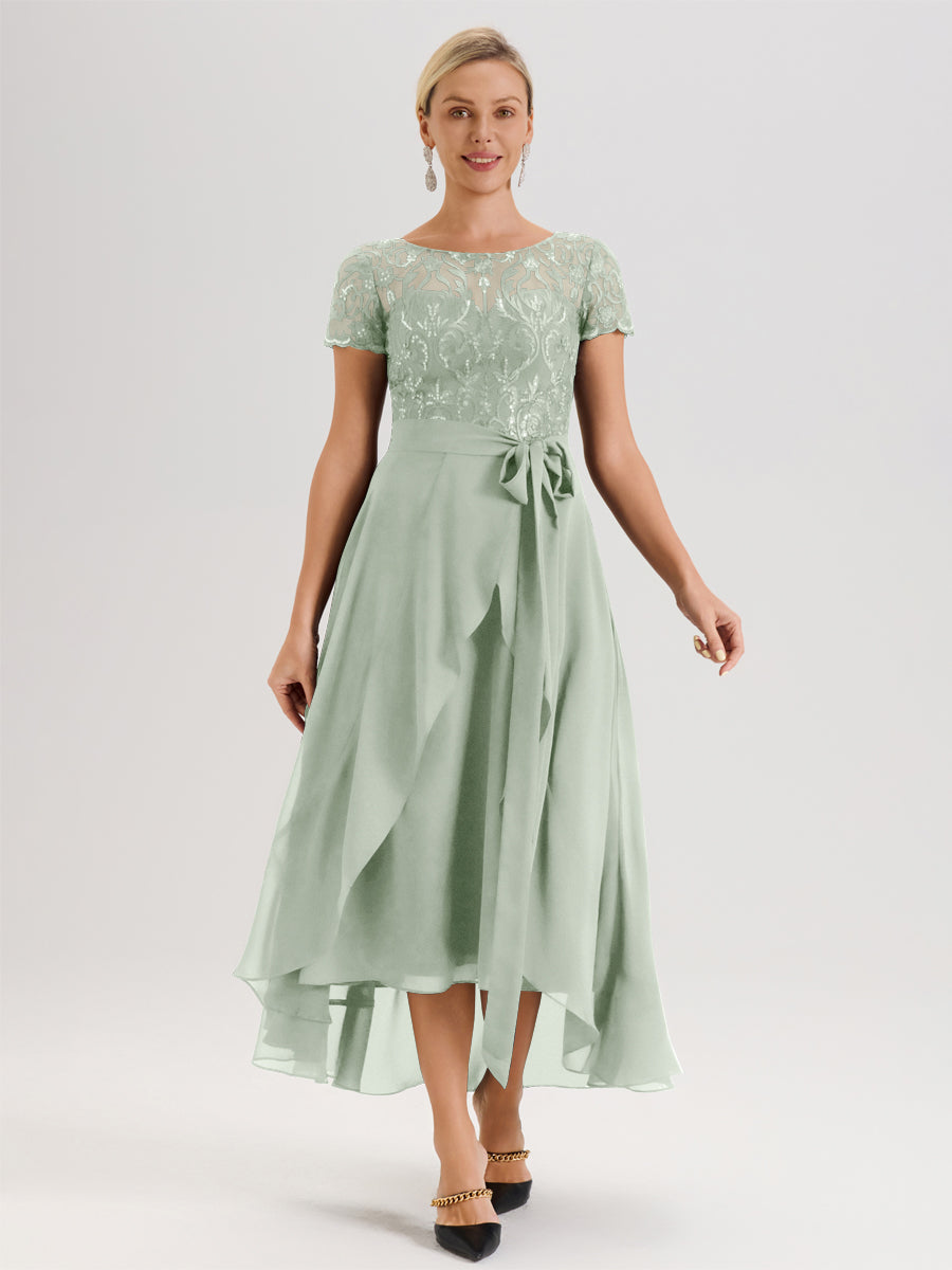 Cicinia Celadon Robe De Mère De La Mariée Longue À Ourlet Asymétrique Ligne A En Dentelle Et Mousseline À Col Rond Et Manches Demi