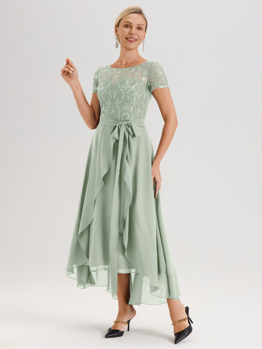 Cicinia Celadon Robe De Mère De La Mariée Longue À Ourlet Asymétrique Ligne A En Dentelle Et Mousseline À Col Rond Et Manches Demi