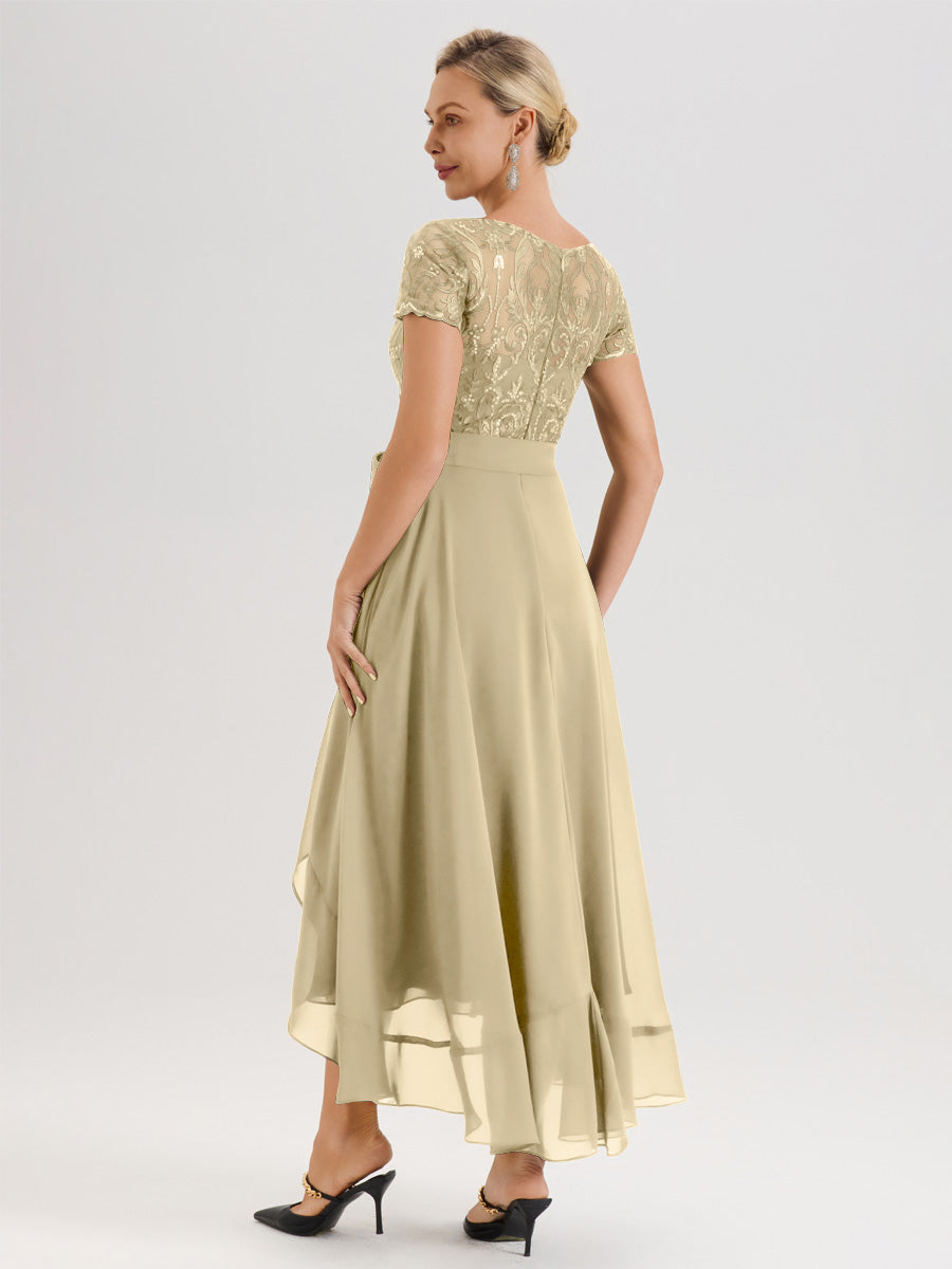 Cicinia Champagne Robe De Mère De La Mariée Longue À Ourlet Asymétrique Ligne A En Dentelle Et Mousseline À Col Rond Et Manches Demi