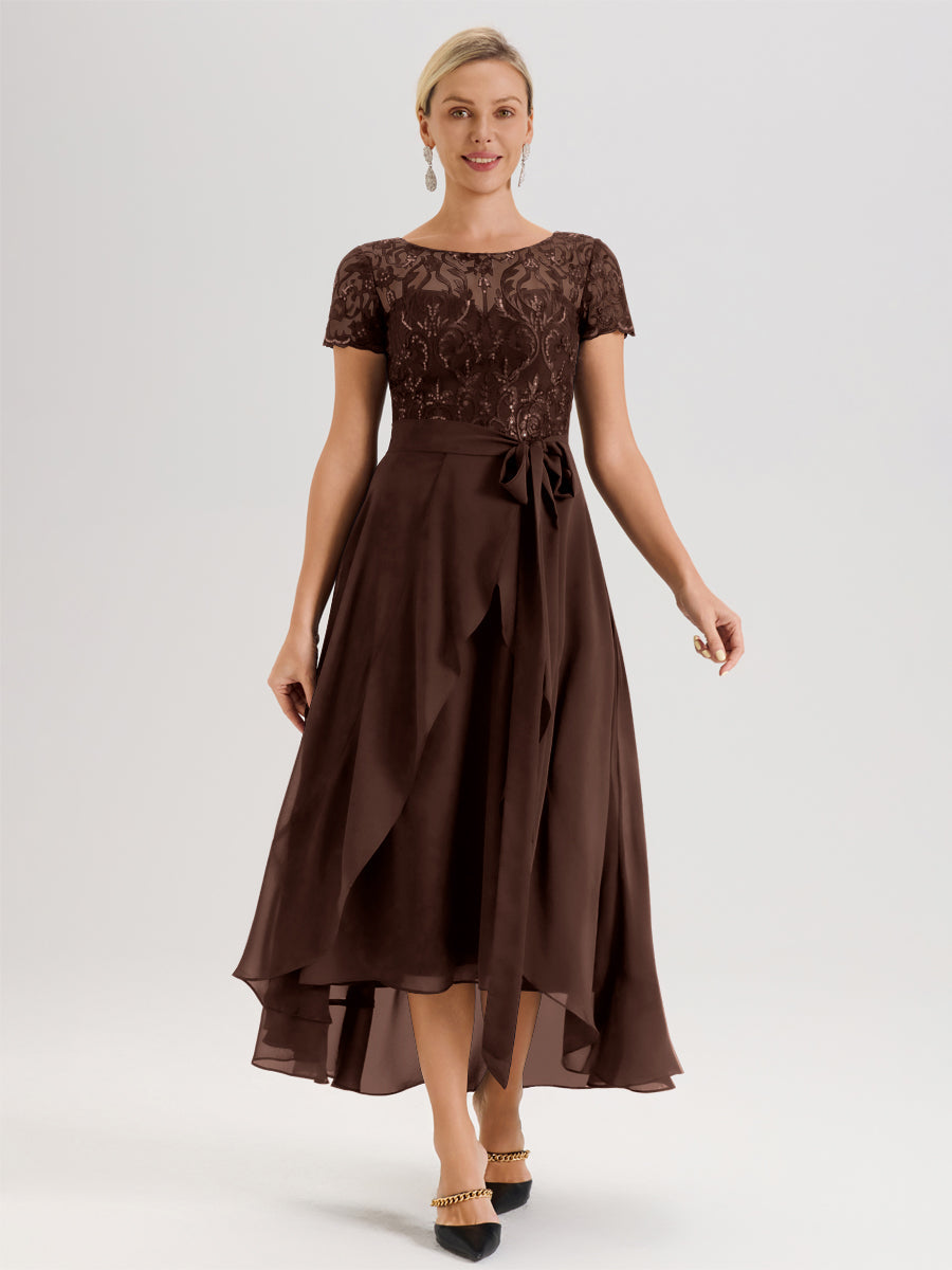 Cicinia Chocolat Robe De Mère De La Mariée Longue À Ourlet Asymétrique Ligne A En Dentelle Et Mousseline À Col Rond Et Manches Demi