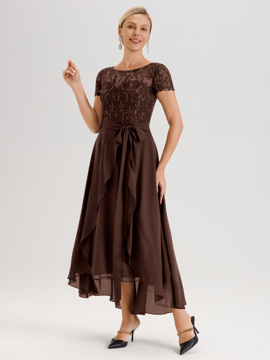 Cicinia Chocolat Robe De Mère De La Mariée Longue À Ourlet Asymétrique Ligne A En Dentelle Et Mousseline À Col Rond Et Manches Demi