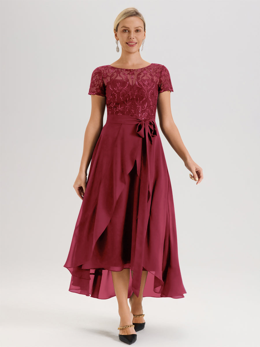 Cicinia Rose Cannelle Robe De Mère De La Mariée Longue À Ourlet Asymétrique Ligne A En Dentelle Et Mousseline À Col Rond Et Manches Demi