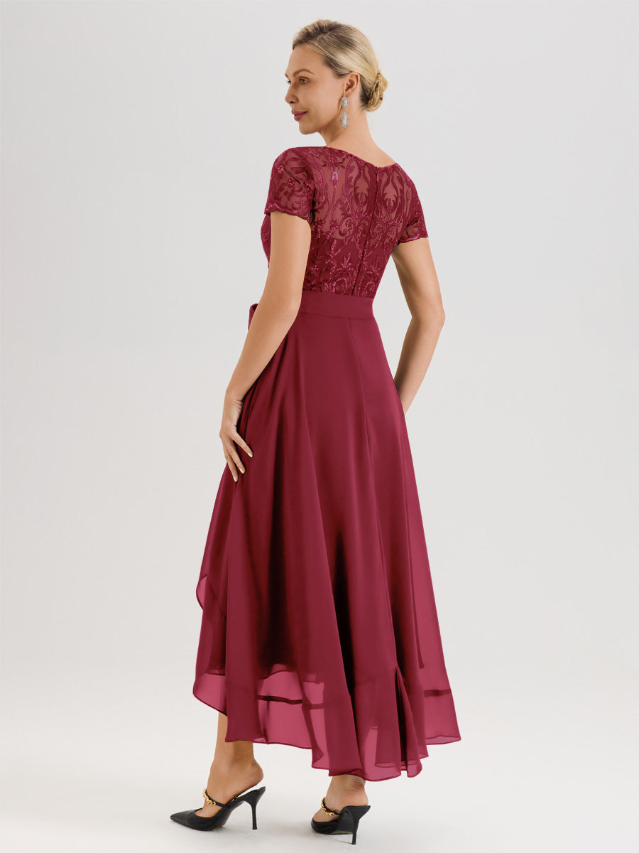 Cicinia Rose Cannelle Robe De Mère De La Mariée Longue À Ourlet Asymétrique Ligne A En Dentelle Et Mousseline À Col Rond Et Manches Demi