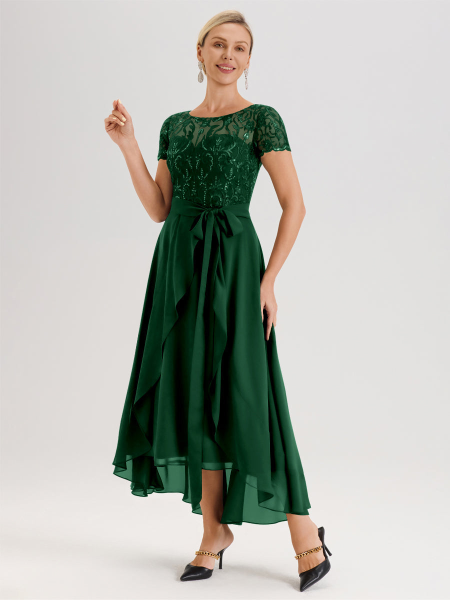 Cicinia Vert Foncé Robe De Mère De La Mariée Longue À Ourlet Asymétrique Ligne A En Dentelle Et Mousseline À Col Rond Et Manches Demi