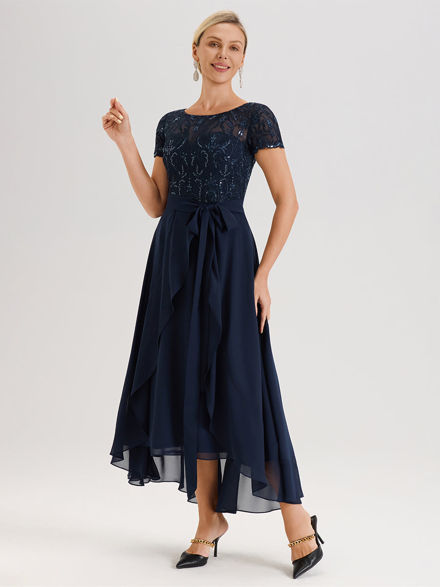 Cicinia Bleu Marine Robe De Mère De La Mariée Longue À Ourlet Asymétrique Ligne A En Dentelle Et Mousseline À Col Rond Et Manches Demi