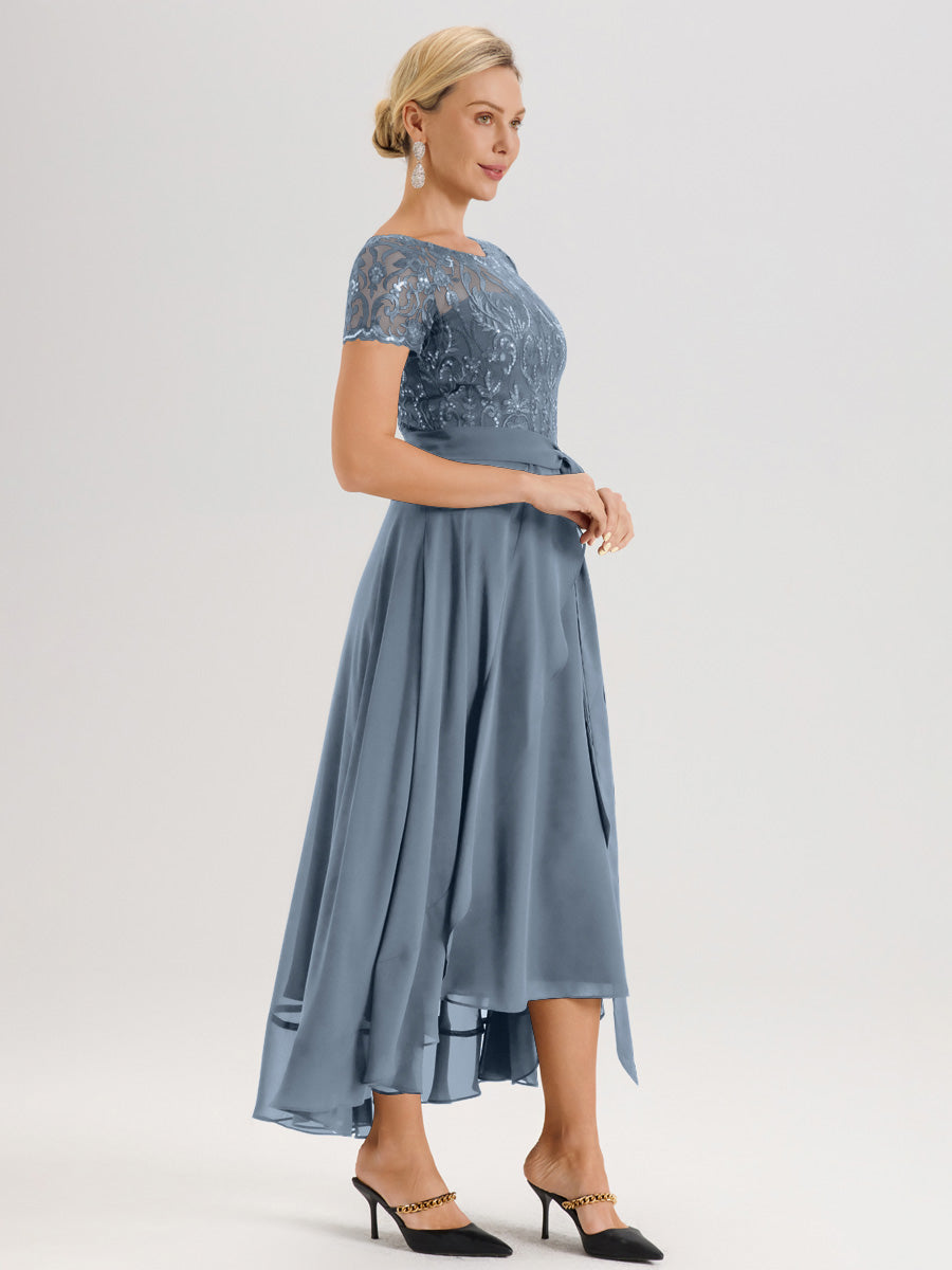 Cicinia Bleu Poudré Robe De Mère De La Mariée Longue À Ourlet Asymétrique Ligne A En Dentelle Et Mousseline À Col Rond Et Manches Demi