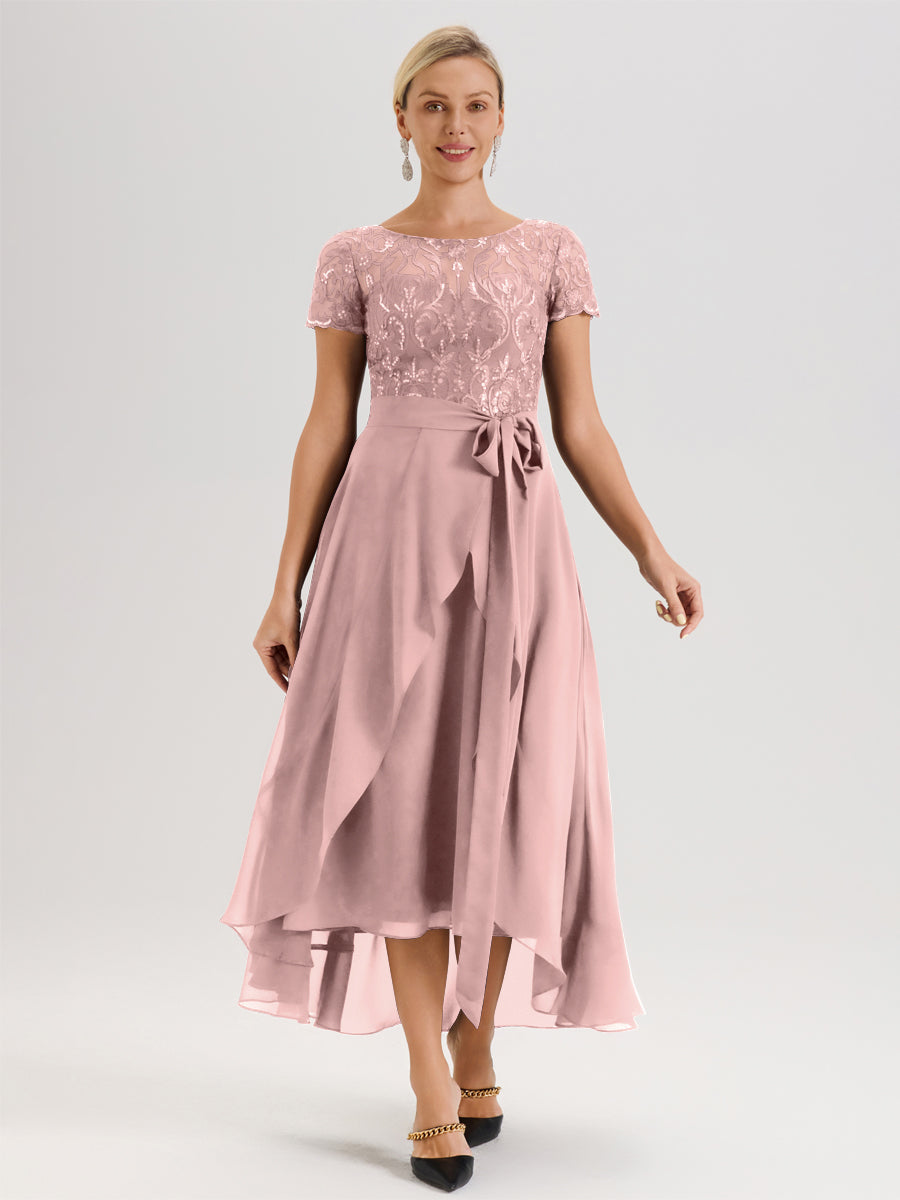Cicinia Rose Poudré Robe De Mère De La Mariée Longue À Ourlet Asymétrique Ligne A En Dentelle Et Mousseline À Col Rond Et Manches Demi
