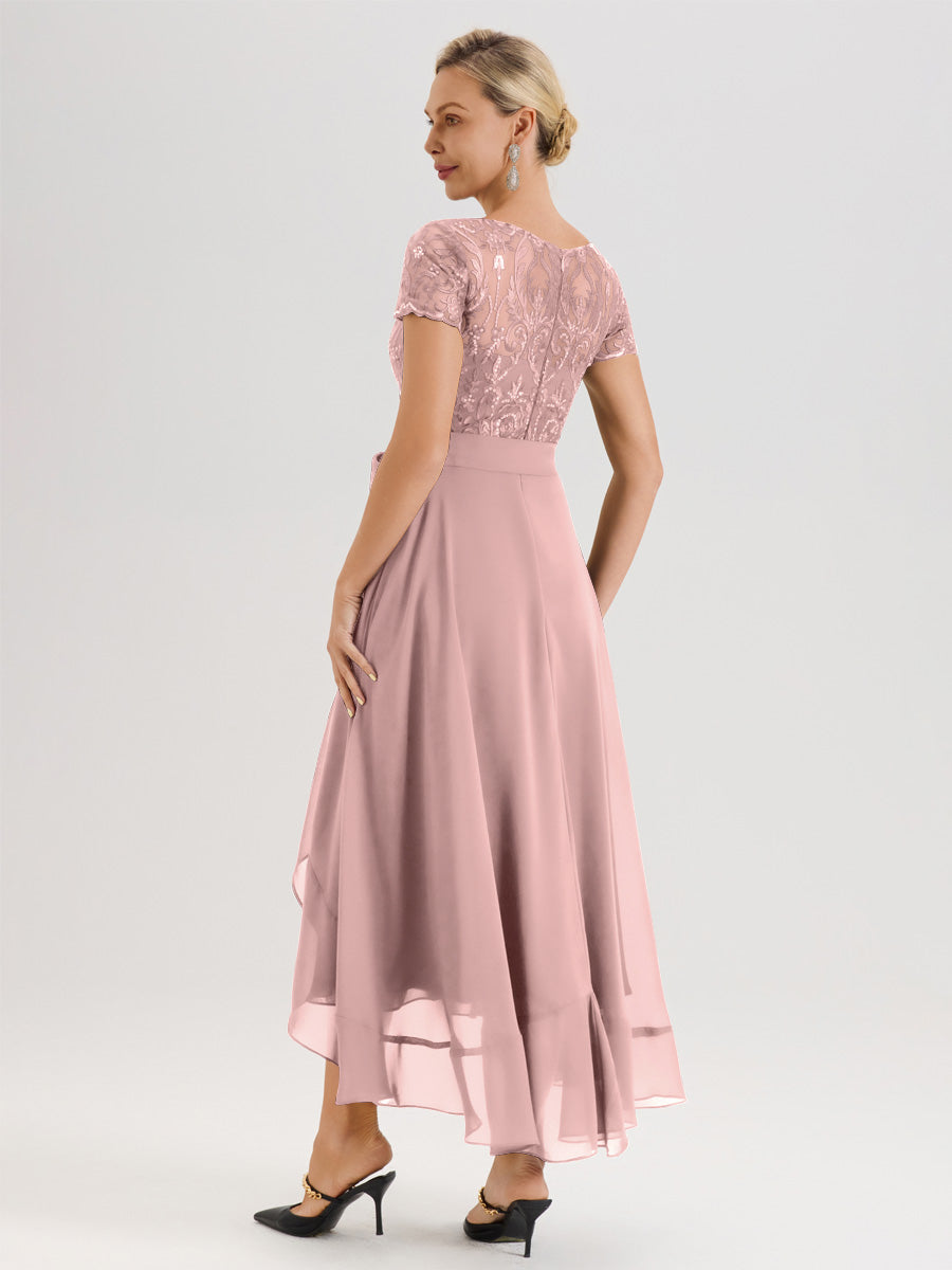 Cicinia Rose Poudré Robe De Mère De La Mariée Longue À Ourlet Asymétrique Ligne A En Dentelle Et Mousseline À Col Rond Et Manches Demi