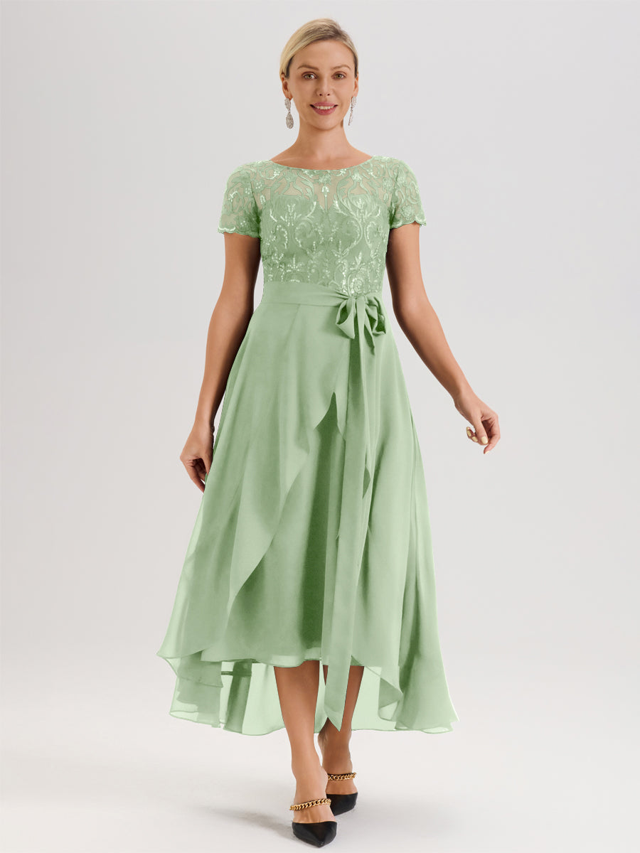 Cicinia Sauge Poudrée Robe De Mère De La Mariée Longue À Ourlet Asymétrique Ligne A En Dentelle Et Mousseline À Col Rond Et Manches Demi