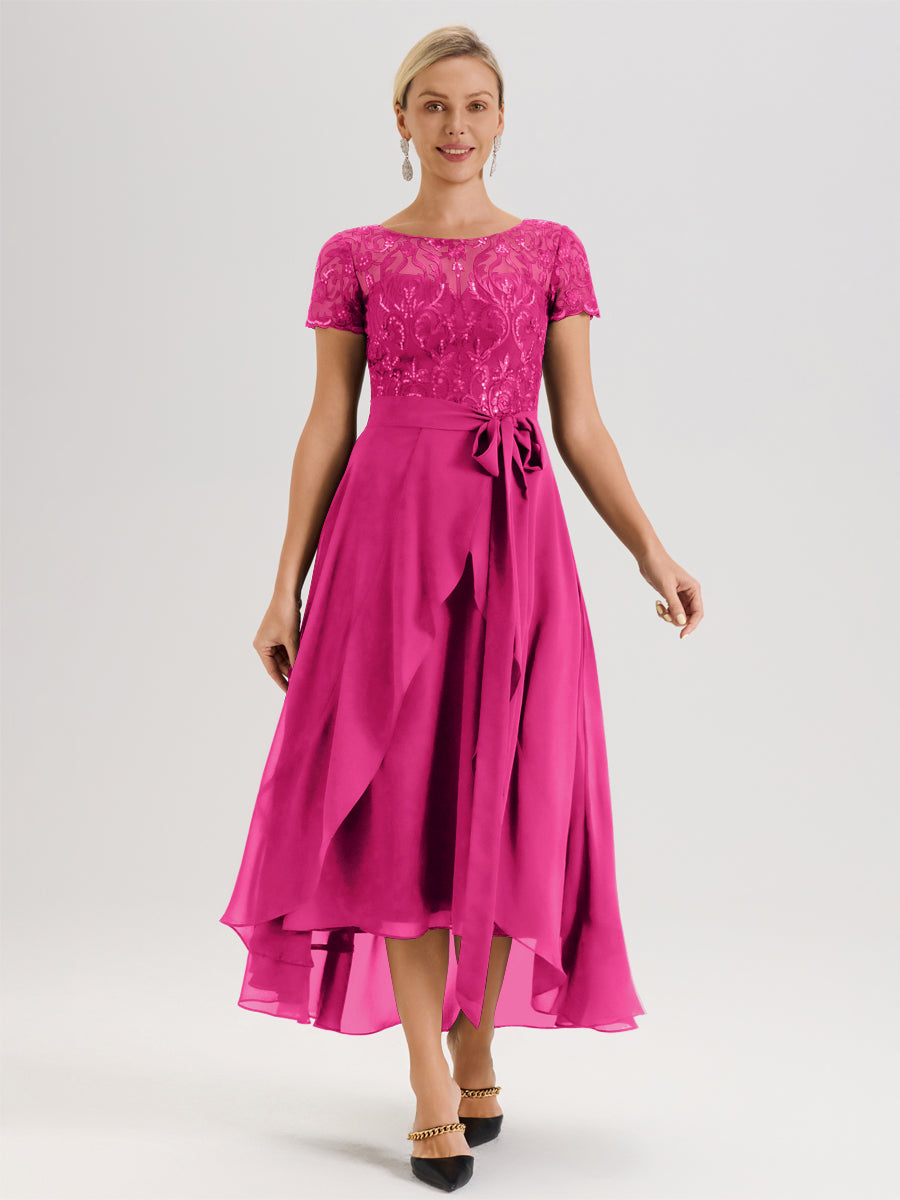 Cicinia Fuchsia Robe De Mère De La Mariée Longue À Ourlet Asymétrique Ligne A En Dentelle Et Mousseline À Col Rond Et Manches Demi