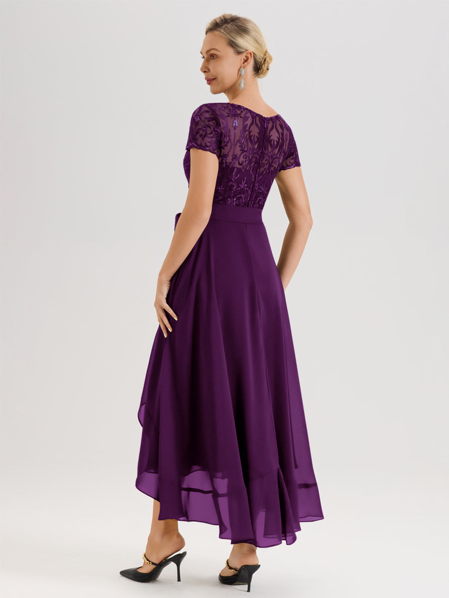 Cicinia Raisin Robe De Mère De La Mariée Longue À Ourlet Asymétrique Ligne A En Dentelle Et Mousseline À Col Rond Et Manches Demi