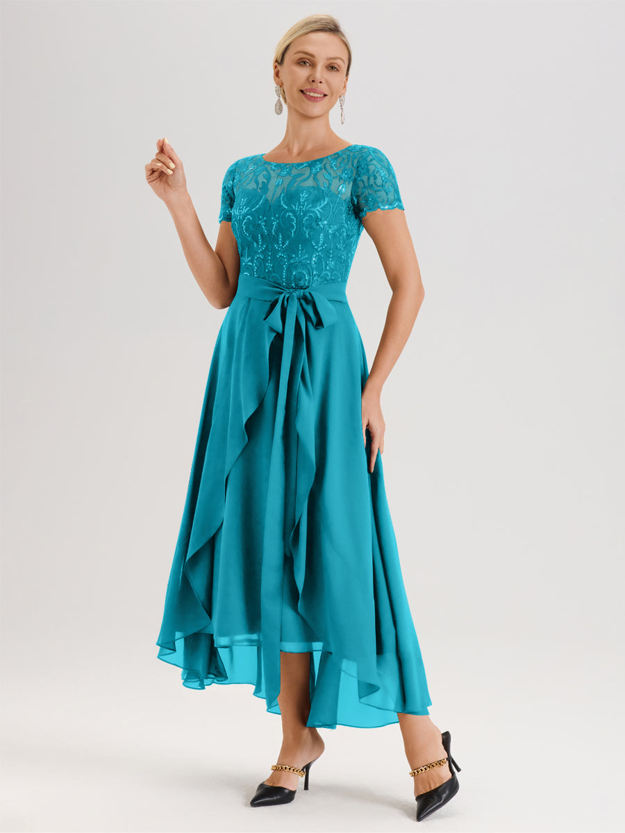 Cicinia Jade Robe De Mère De La Mariée Longue À Ourlet Asymétrique Ligne A En Dentelle Et Mousseline À Col Rond Et Manches Demi