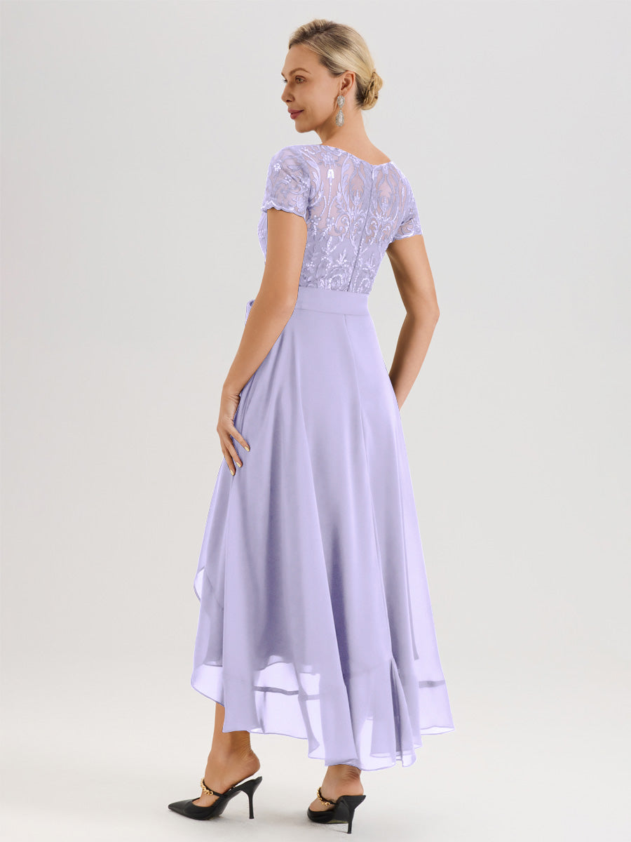 Cicinia Lilas Robe De Mère De La Mariée Longue À Ourlet Asymétrique Ligne A En Dentelle Et Mousseline À Col Rond Et Manches Demi