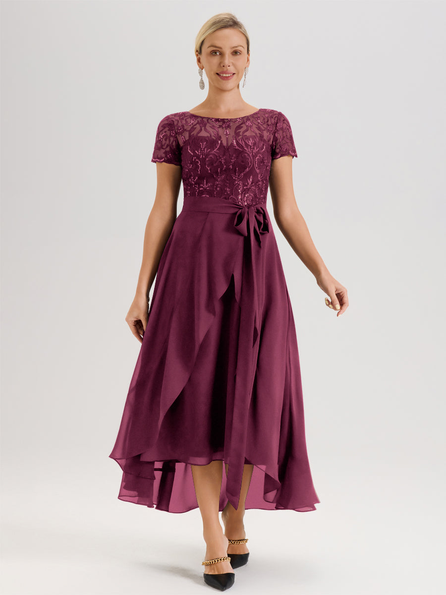 Cicinia Mûre Robe De Mère De La Mariée Longue À Ourlet Asymétrique Ligne A En Dentelle Et Mousseline À Col Rond Et Manches Demi