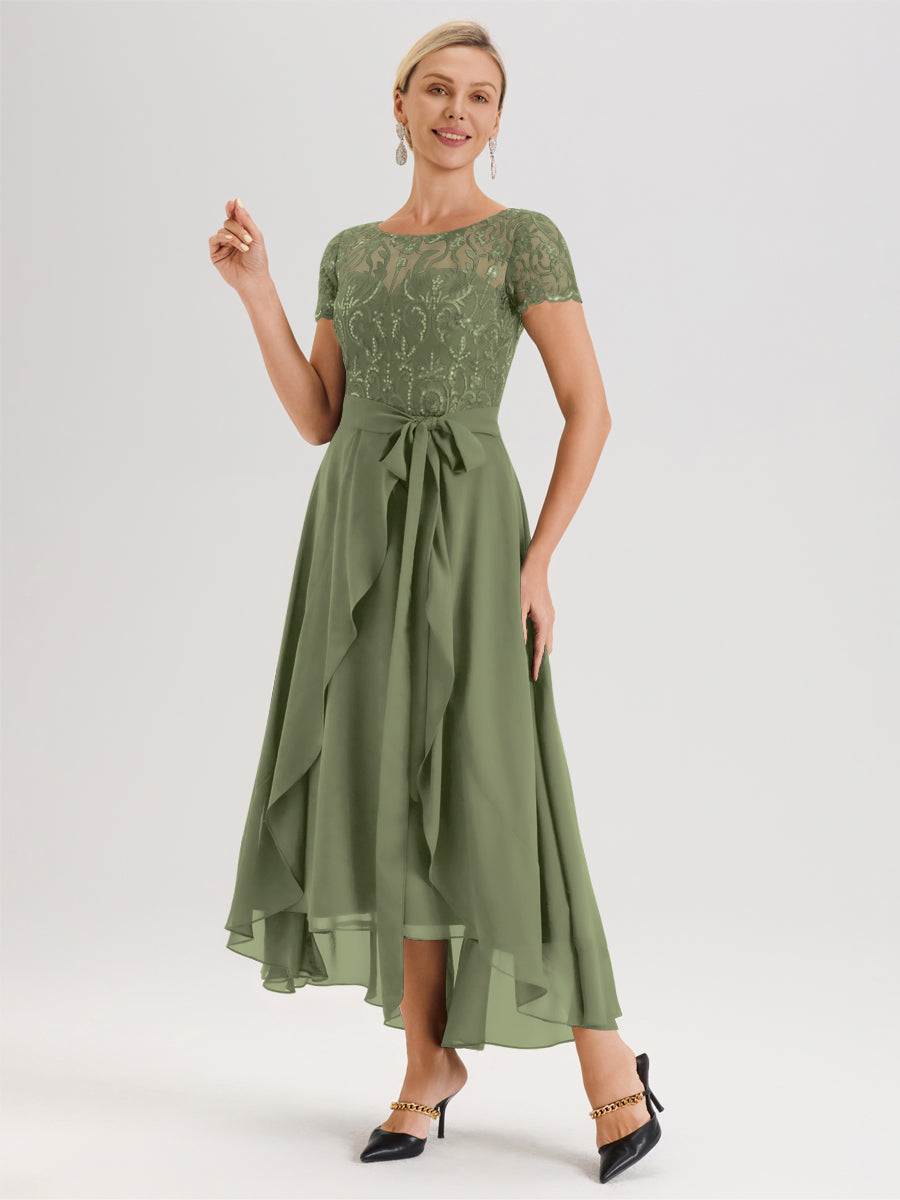 Cicinia Vert Olive Robe De Mère De La Mariée Longue À Ourlet Asymétrique Ligne A En Dentelle Et Mousseline À Col Rond Et Manches Demi