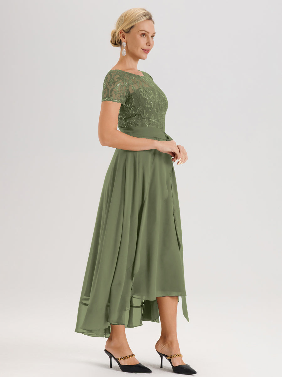 Cicinia Vert Olive Robe De Mère De La Mariée Longue À Ourlet Asymétrique Ligne A En Dentelle Et Mousseline À Col Rond Et Manches Demi