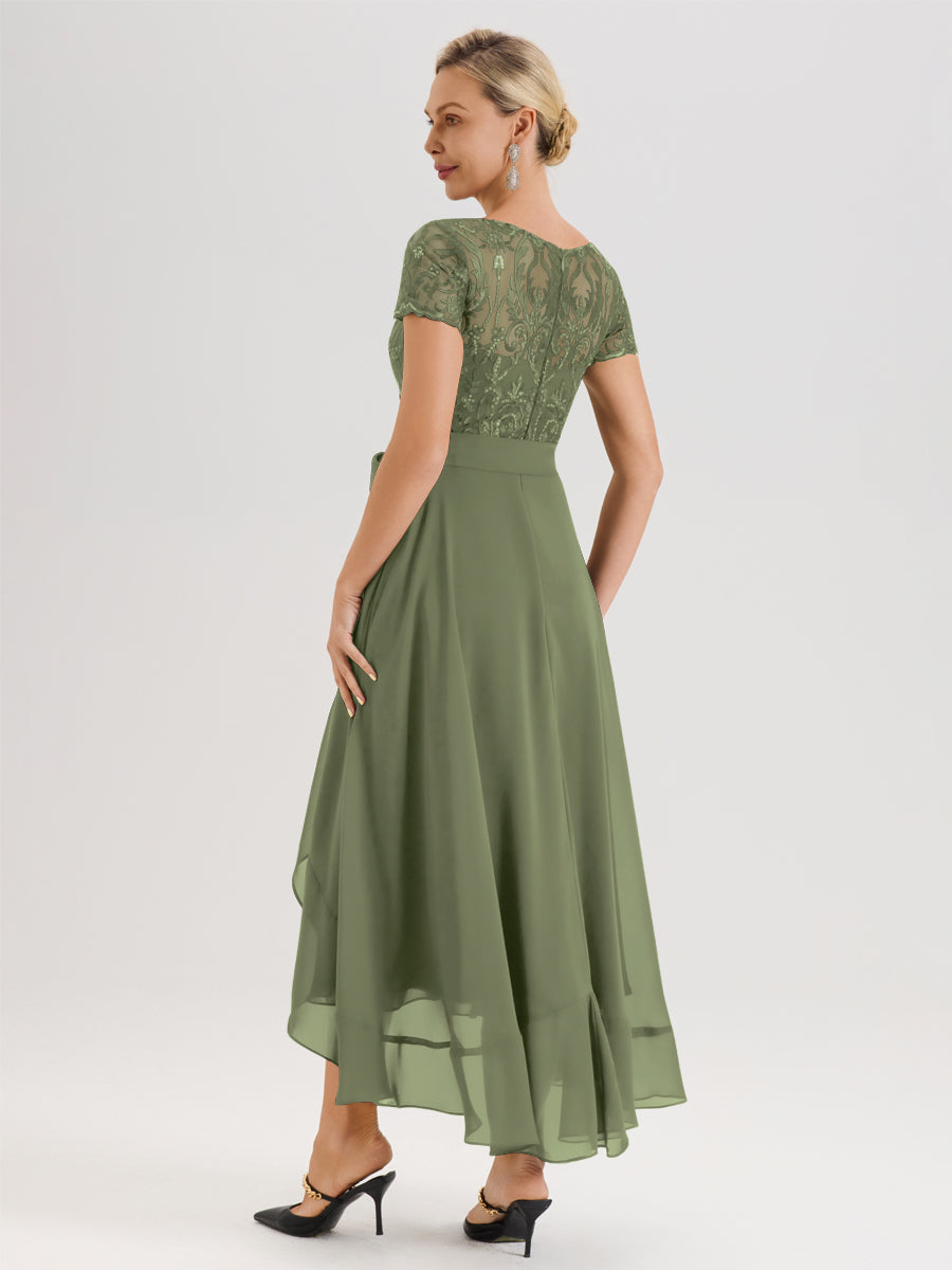 Cicinia Vert Olive Robe De Mère De La Mariée Longue À Ourlet Asymétrique Ligne A En Dentelle Et Mousseline À Col Rond Et Manches Demi