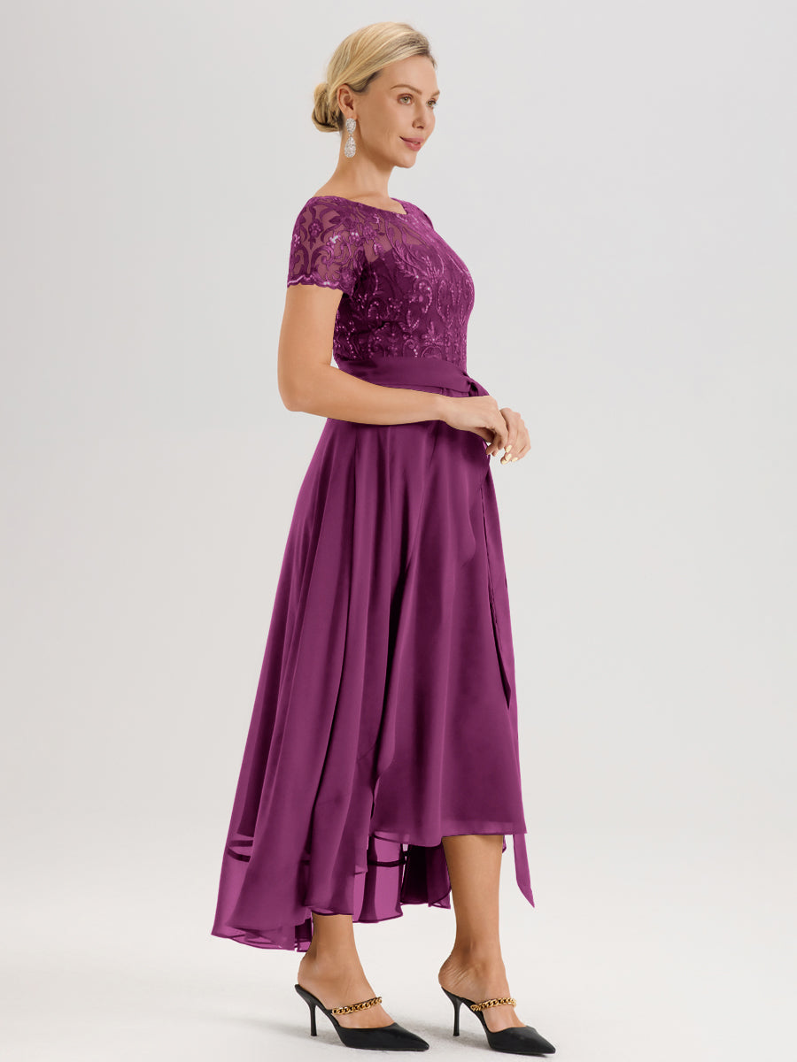 Cicinia Orchidée Robe De Mère De La Mariée Longue À Ourlet Asymétrique Ligne A En Dentelle Et Mousseline À Col Rond Et Manches Demi