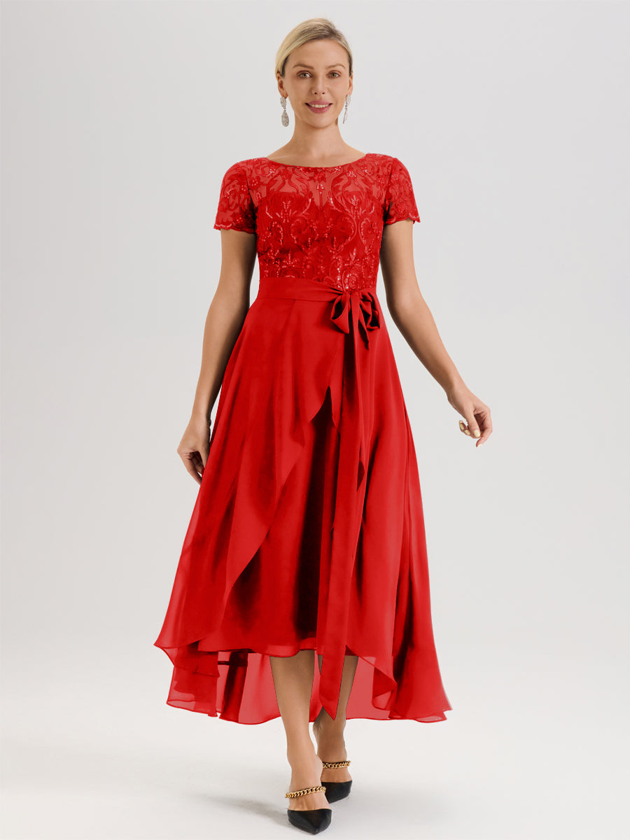 Cicinia Rouge Robe De Mère De La Mariée Longue À Ourlet Asymétrique Ligne A En Dentelle Et Mousseline À Col Rond Et Manches Demi