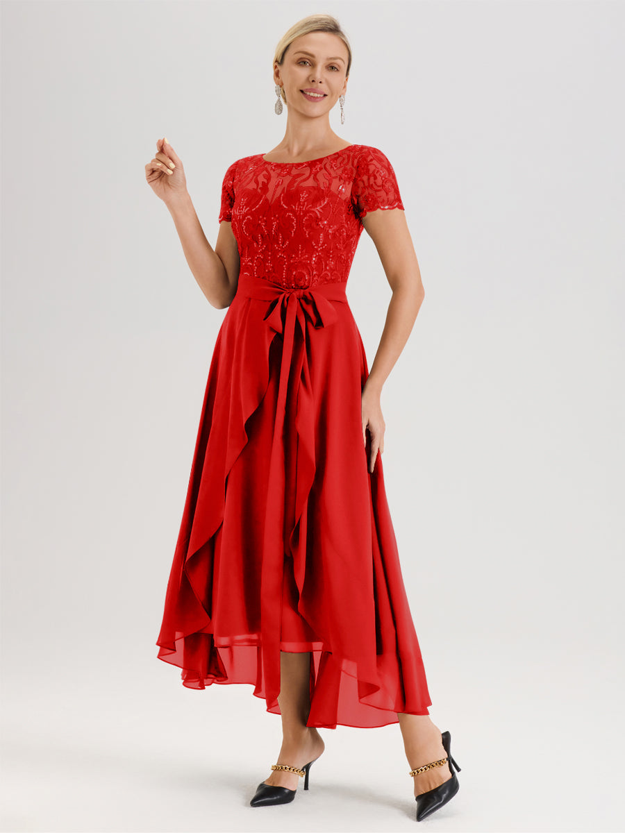 Cicinia Rouge Robe De Mère De La Mariée Longue À Ourlet Asymétrique Ligne A En Dentelle Et Mousseline À Col Rond Et Manches Demi