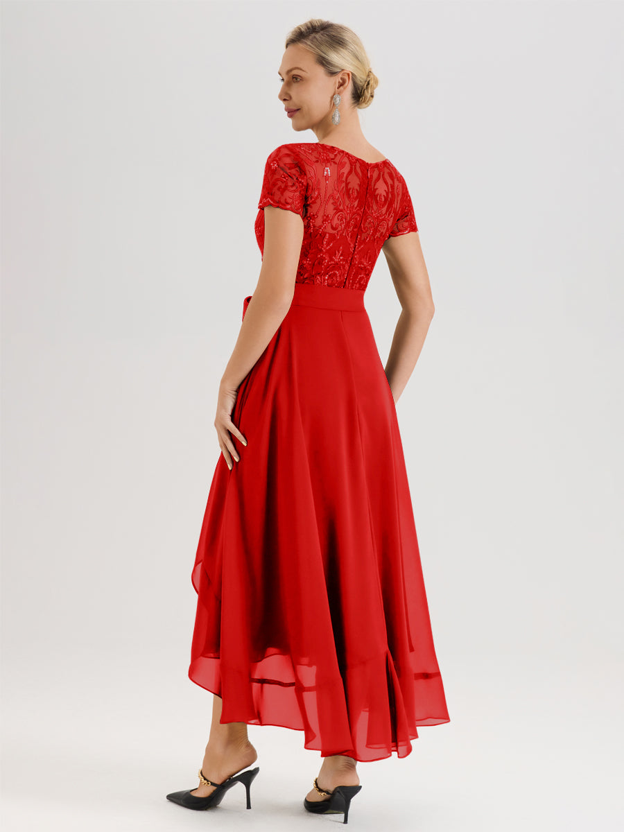 Cicinia Rouge Robe De Mère De La Mariée Longue À Ourlet Asymétrique Ligne A En Dentelle Et Mousseline À Col Rond Et Manches Demi