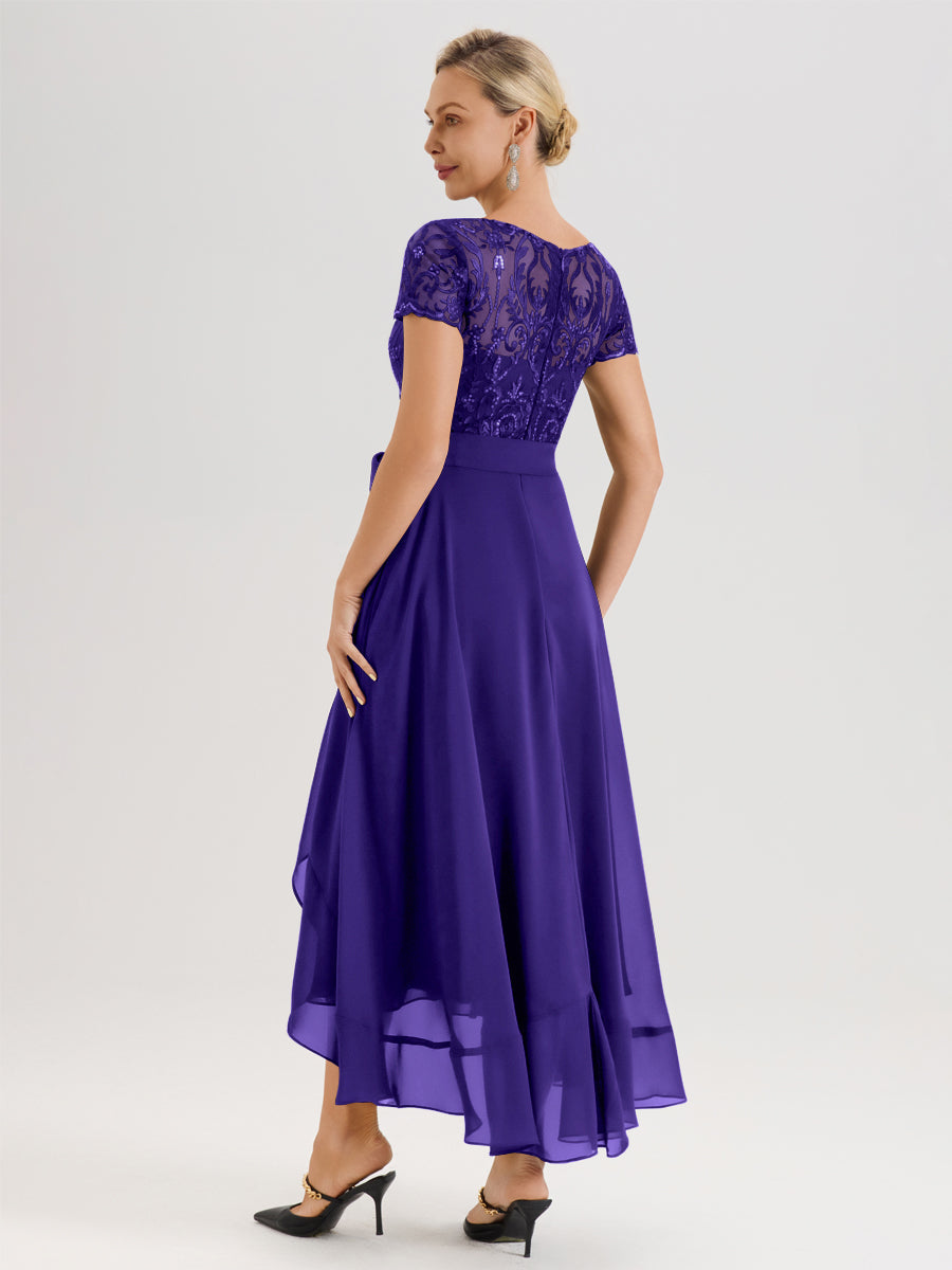 Cicinia Régence Robe De Mère De La Mariée Longue À Ourlet Asymétrique Ligne A En Dentelle Et Mousseline À Col Rond Et Manches Demi