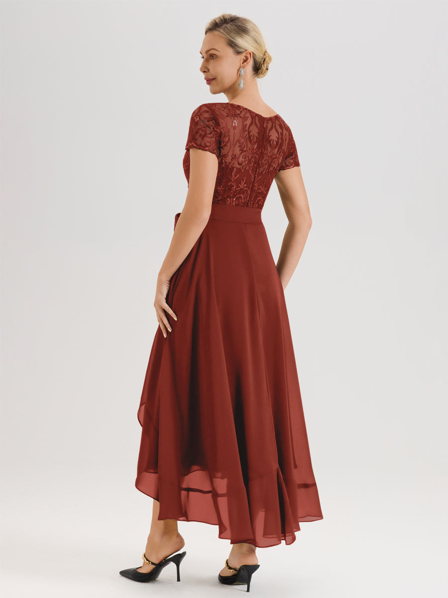 Cicinia Rouille Robe De Mère De La Mariée Longue À Ourlet Asymétrique Ligne A En Dentelle Et Mousseline À Col Rond Et Manches Demi