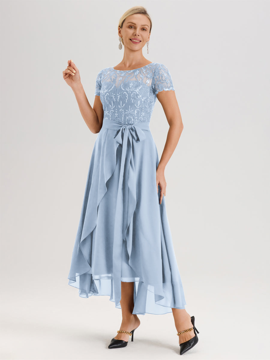 Cicinia Bleu Ciel Robe De Mère De La Mariée Longue À Ourlet Asymétrique Ligne A En Dentelle Et Mousseline À Col Rond Et Manches Demi
