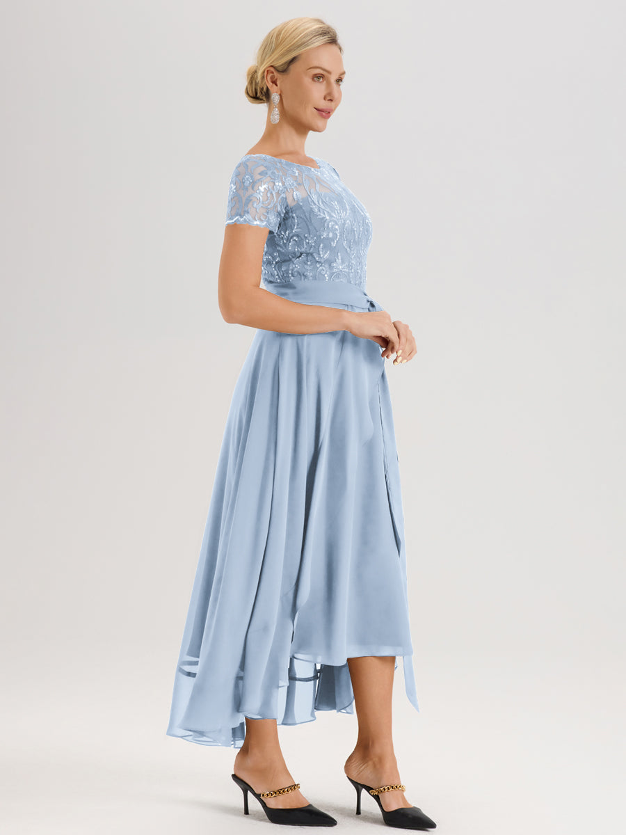 Cicinia Bleu Ciel Robe De Mère De La Mariée Longue À Ourlet Asymétrique Ligne A En Dentelle Et Mousseline À Col Rond Et Manches Demi