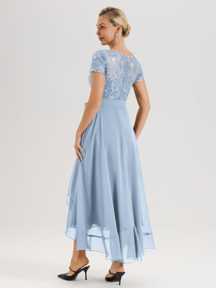 Cicinia Bleu Ciel Robe De Mère De La Mariée Longue À Ourlet Asymétrique Ligne A En Dentelle Et Mousseline À Col Rond Et Manches Demi