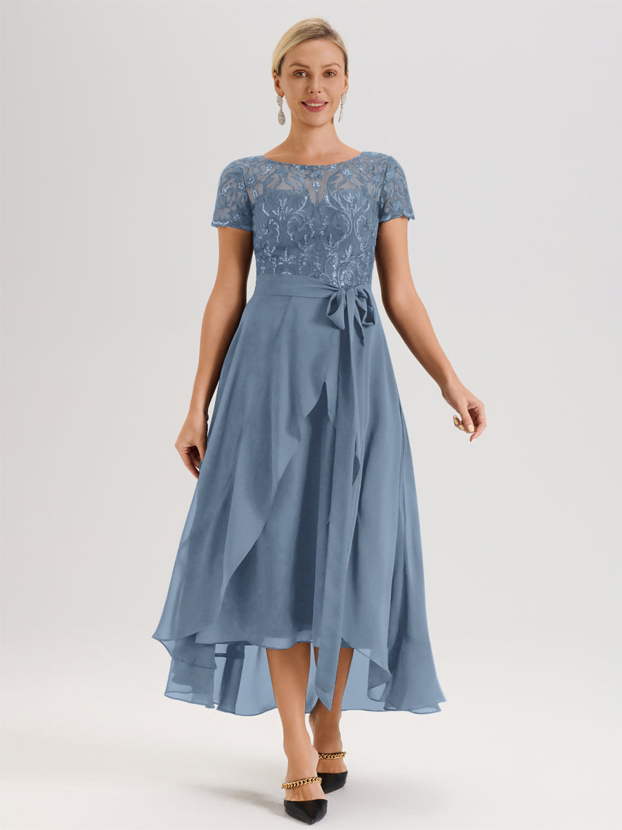 Cicinia Bleu De Schiste Robe De Mère De La Mariée Longue À Ourlet Asymétrique Ligne A En Dentelle Et Mousseline À Col Rond Et Manches Demi