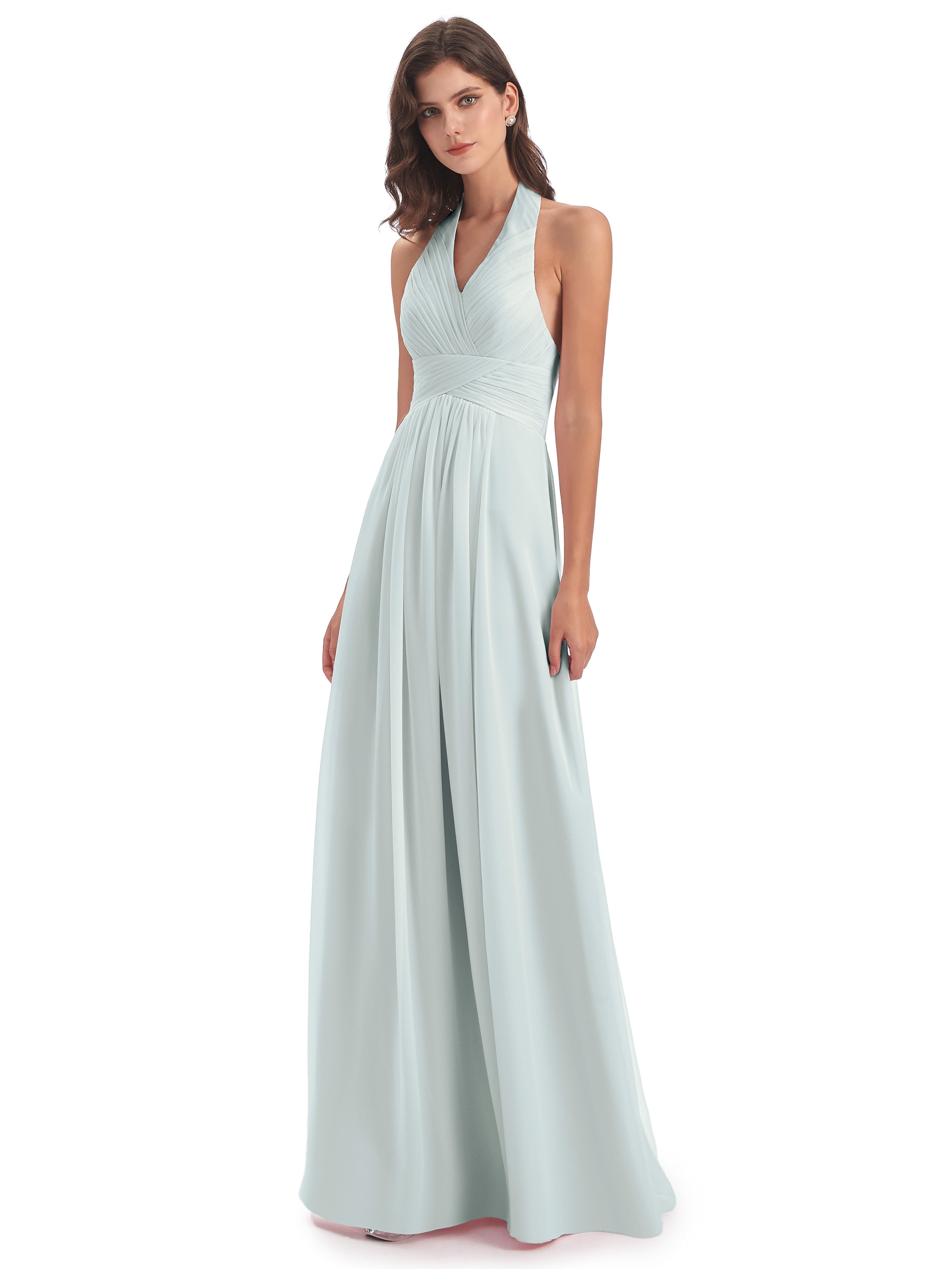 Robe Demoiselle D Honneur Vert Celadon Licou Dos Nu Plis Robes Demoiselle D'Honneur