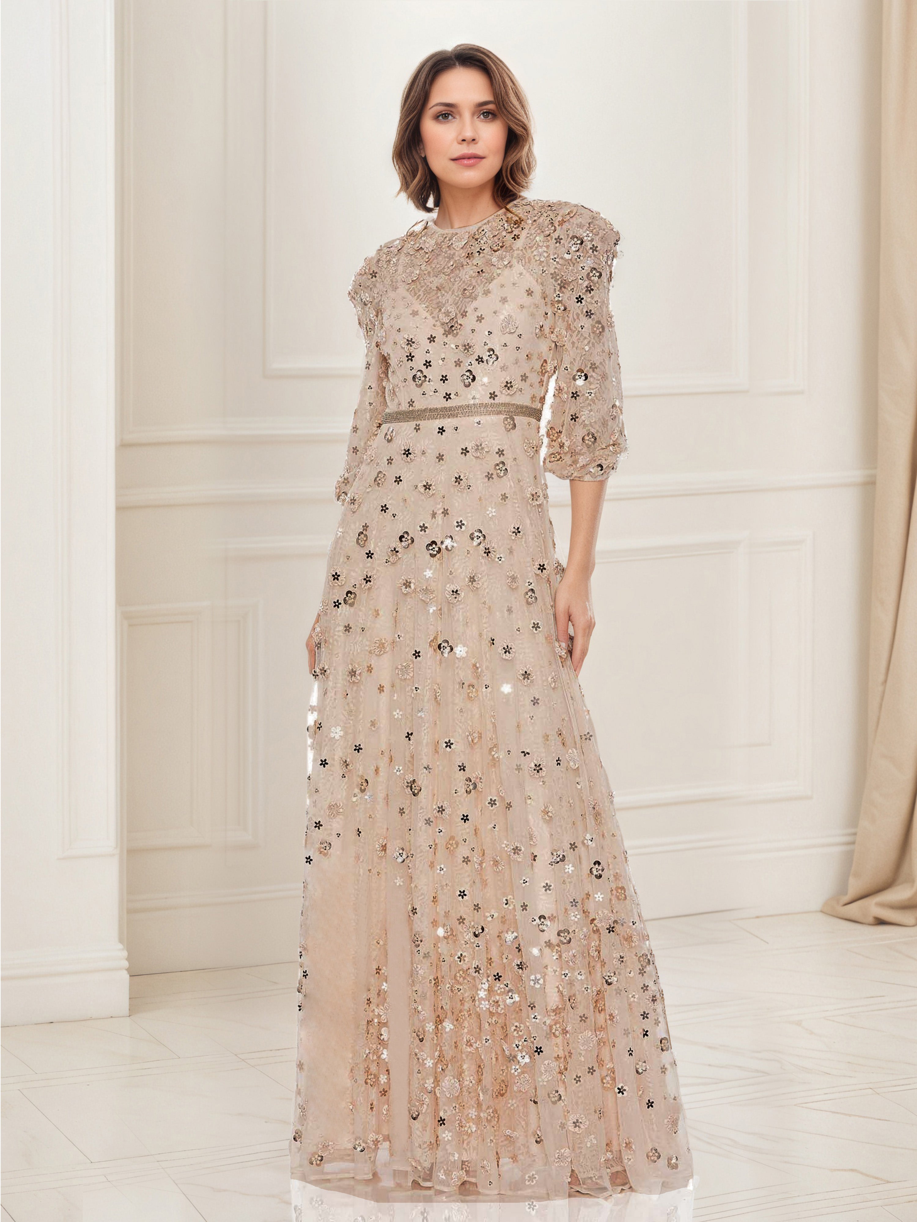Robe de Soirée CHAMPAGNE Robe à Fleurs avec Applications Trapèze à Manches 3/4