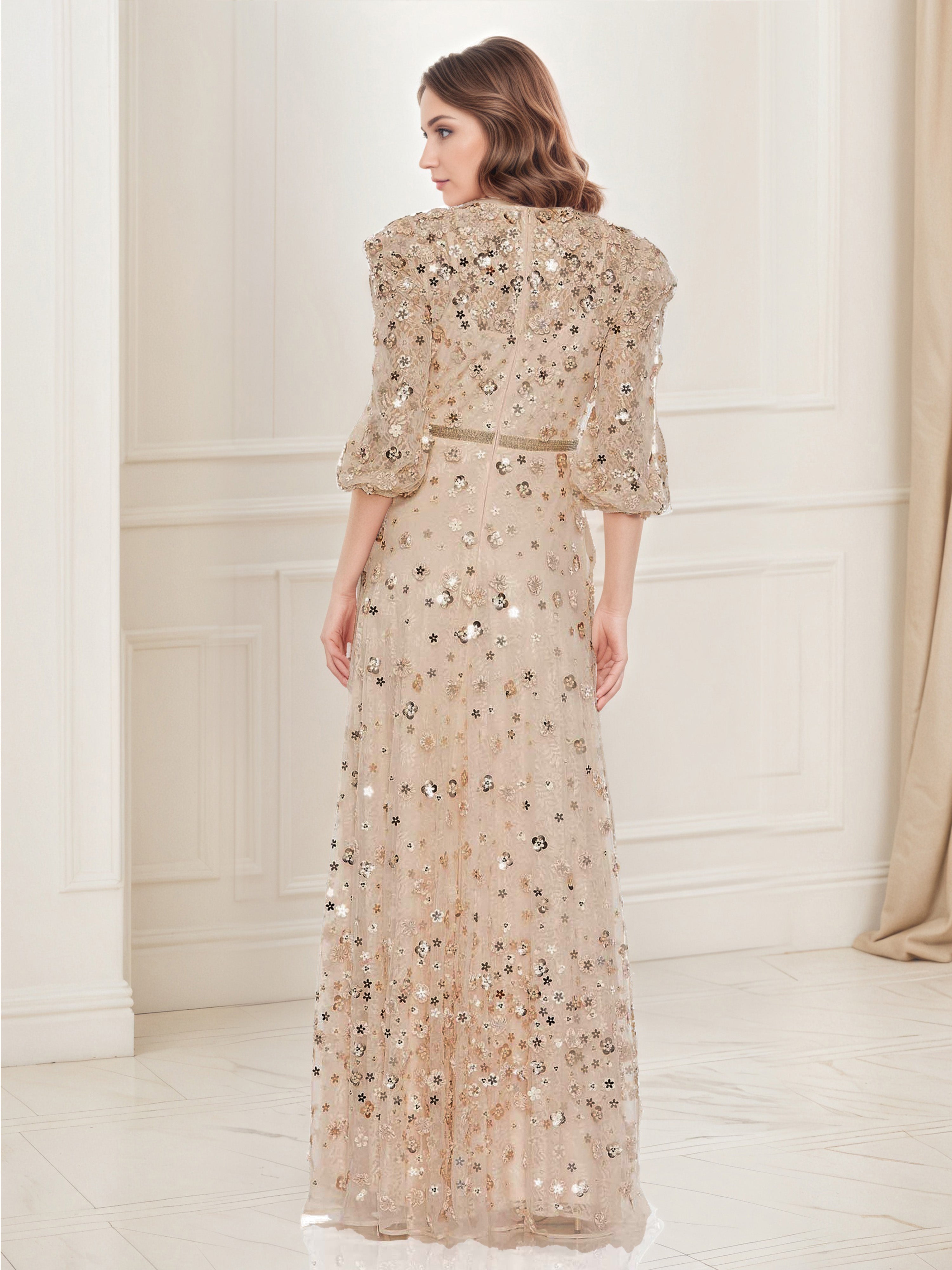 Robe de Soirée CHAMPAGNE Robe à Fleurs avec Applications Trapèze à Manches 3/4