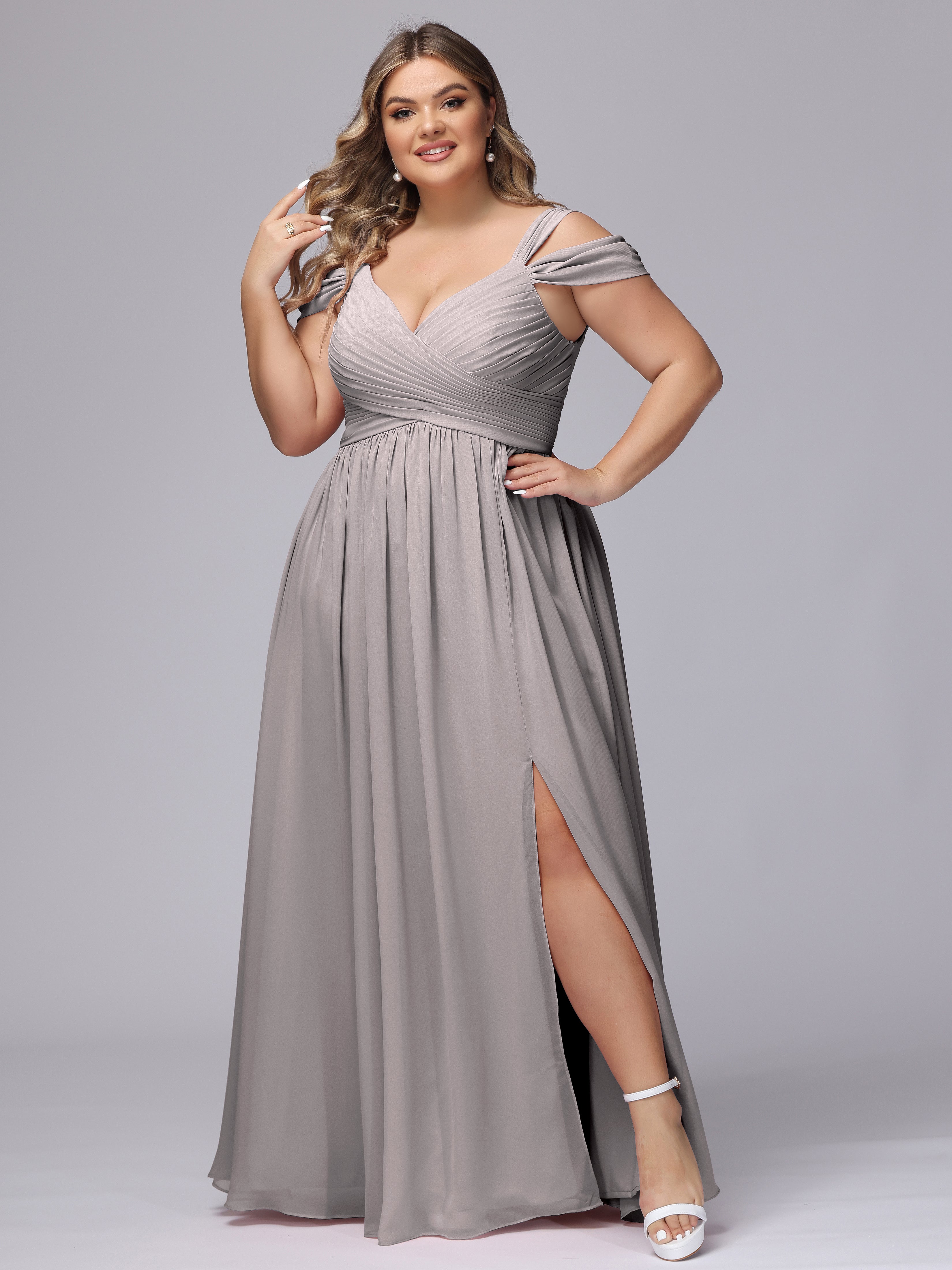 Robe Argentée Demoiselle D Honneur Fendue Col V Dos En V Mousseline Robes Demoiselle D'Honneur Grande Taille