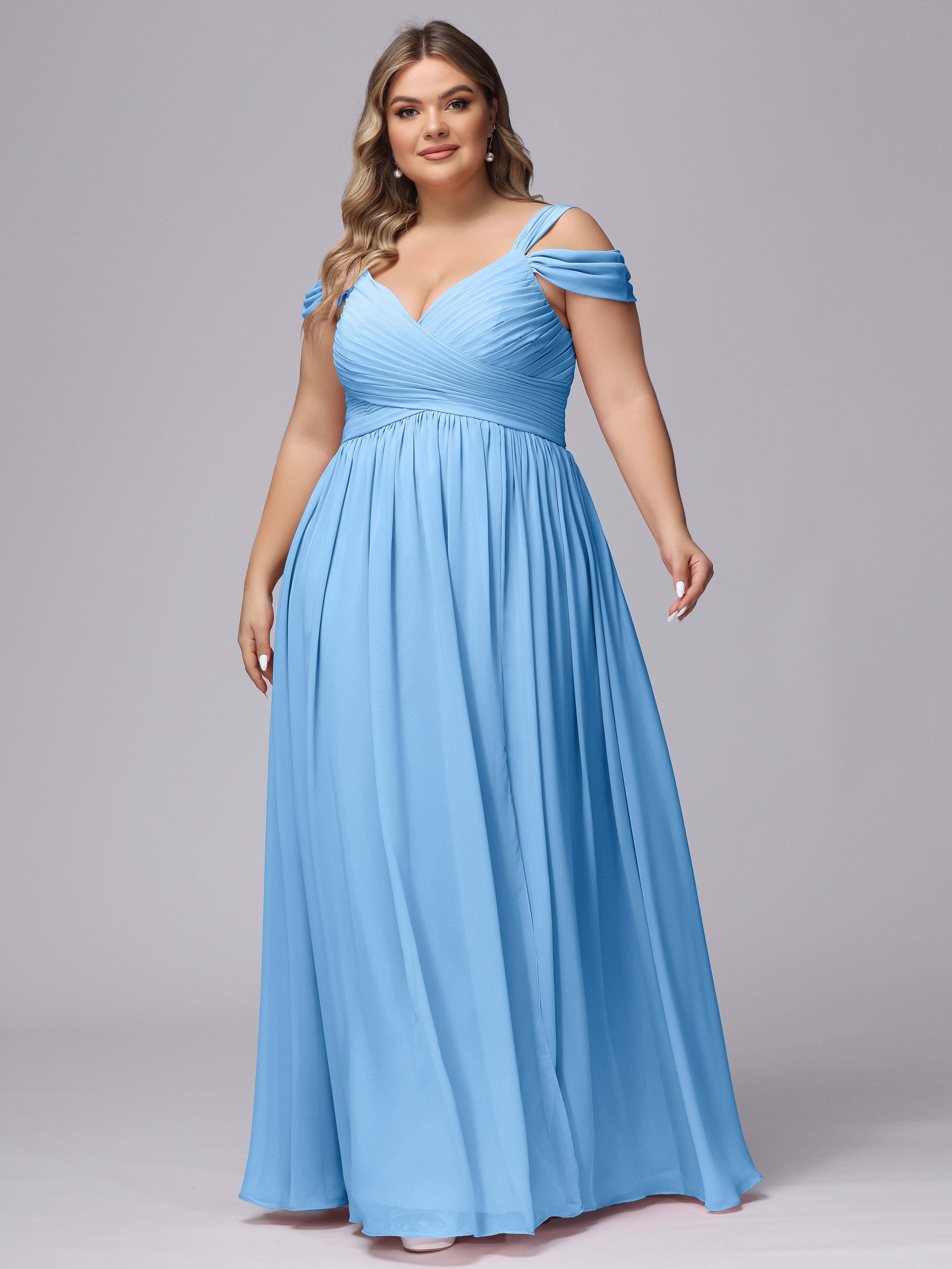 Robes De Demoiselle D'Honneur Bleu Bébé Fendue Col V Dos En V Mousseline Robes Demoiselle D'Honneur Grande Taille