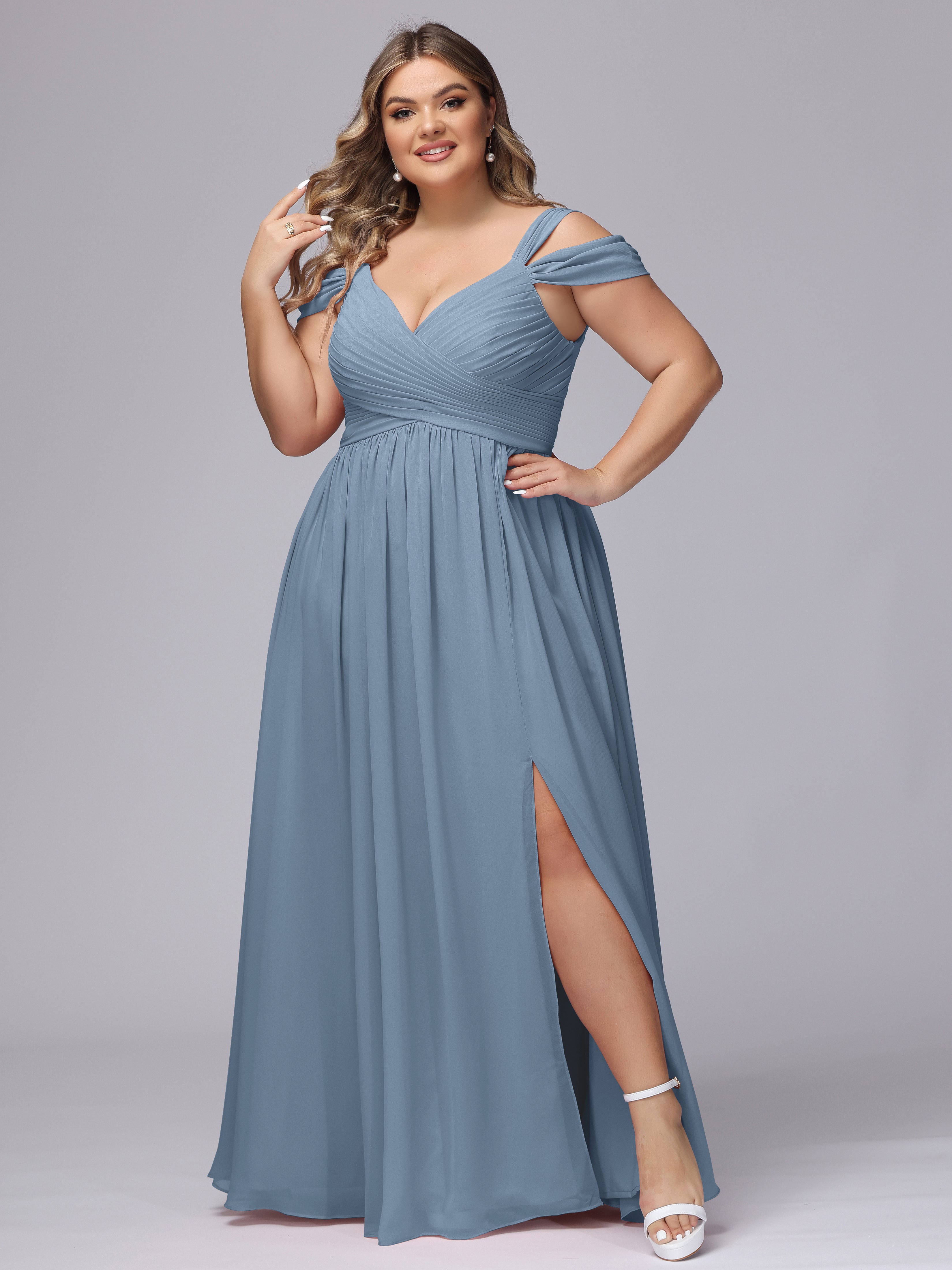 Robes De Demoiselle D'Honneur Bleu De Schiste Fendue Col V Dos En V Mousseline Robes Demoiselle D'Honneur Grande Taille