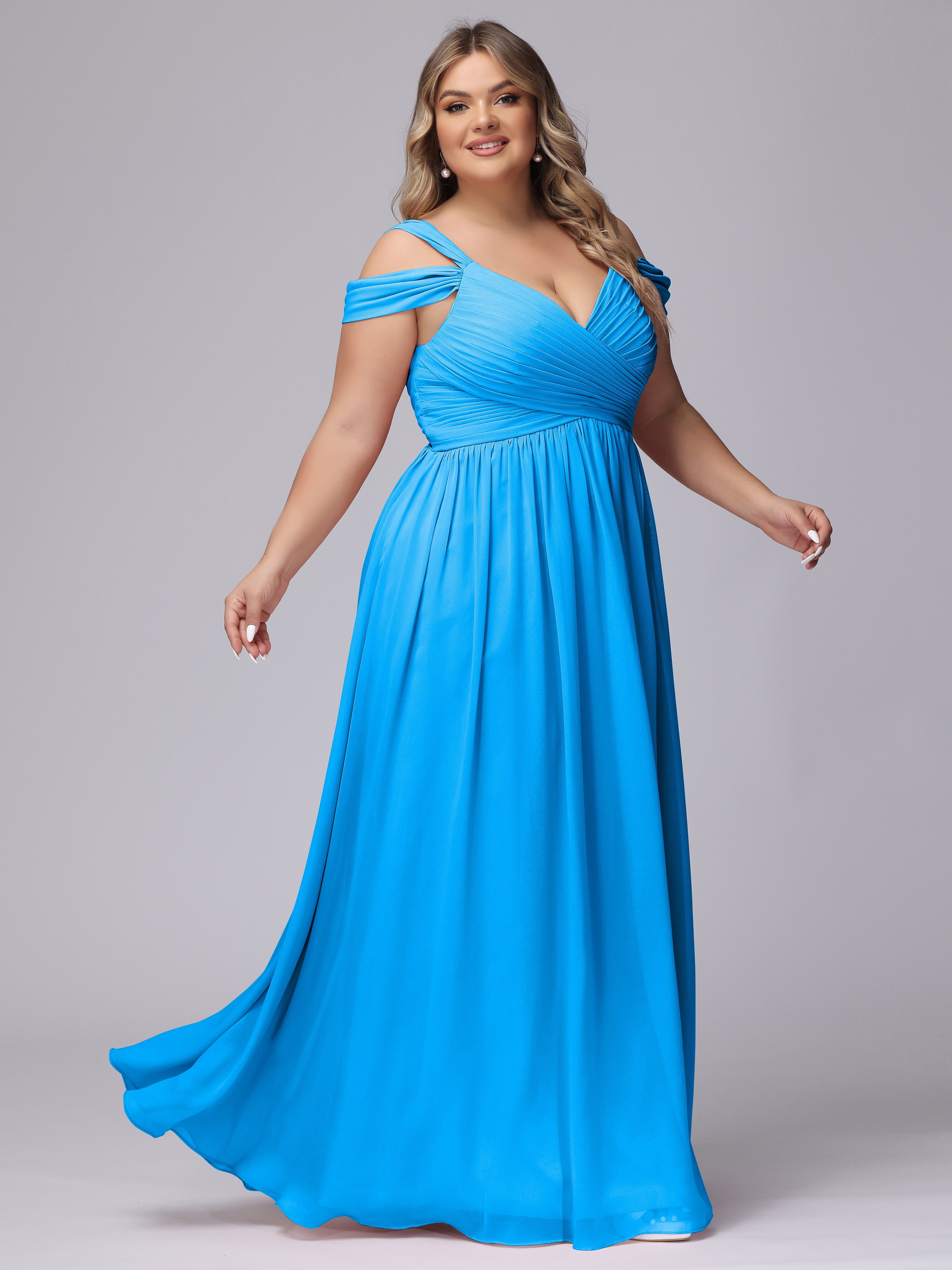 Robes De Demoiselle D'Honneur Bleu Océan Fendue Col V Dos En V Mousseline Robes Demoiselle D'Honneur Grande Taille