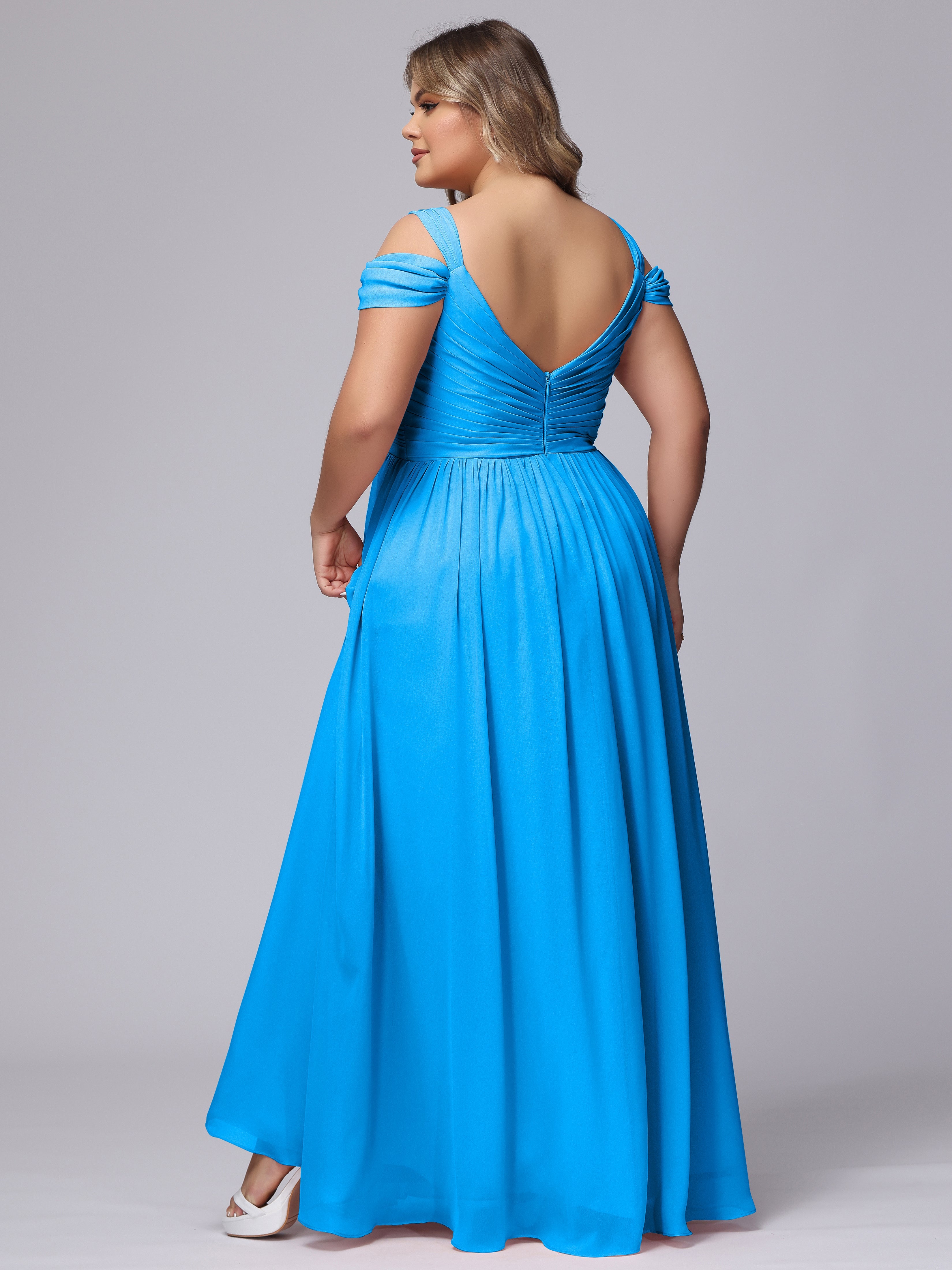 Robes De Demoiselle D'Honneur Bleu Océan Fendue Col V Dos En V Mousseline Robes Demoiselle D'Honneur Grande Taille