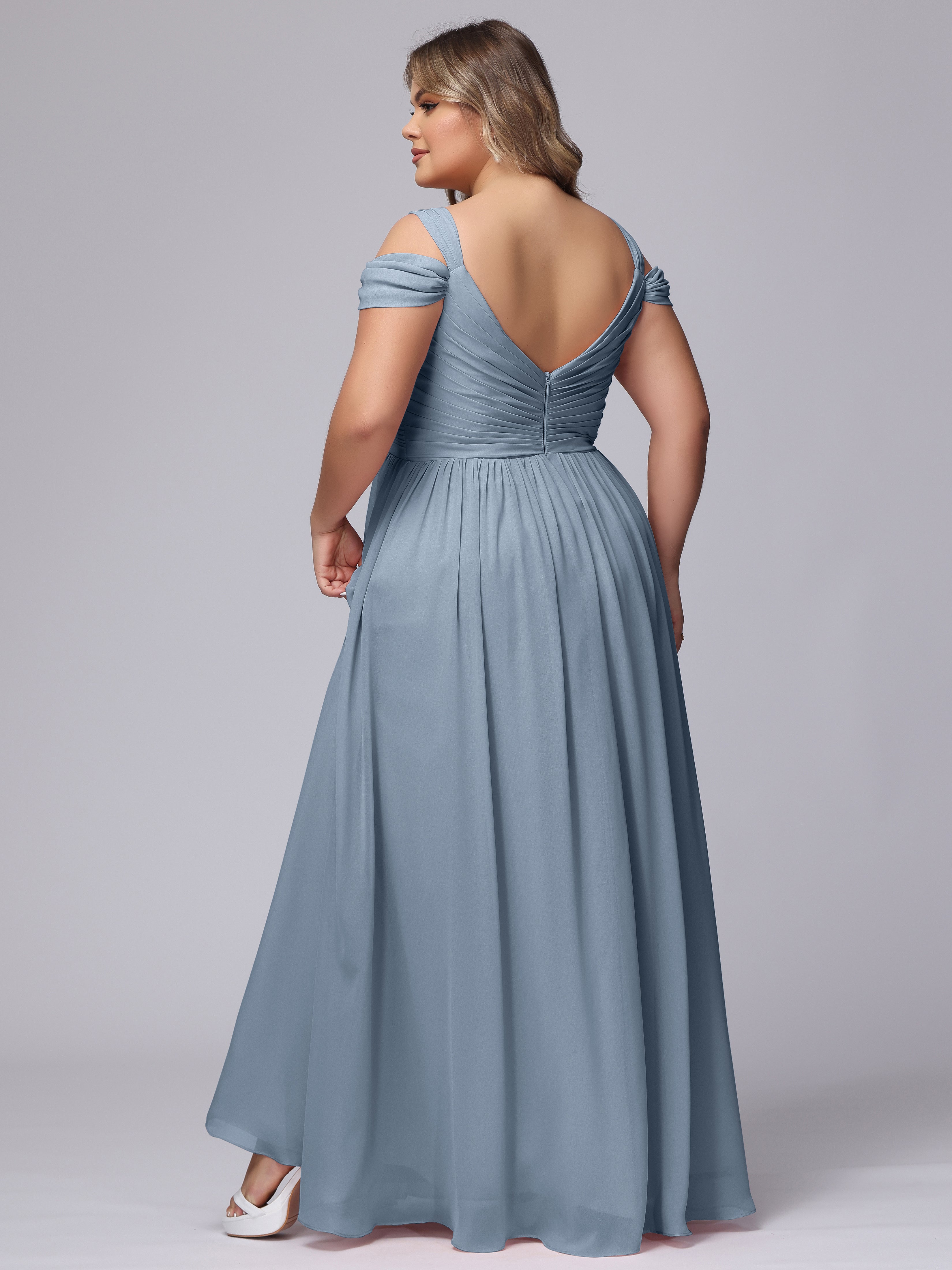 Robes De Demoiselle D'Honneur Bleu Poudre Fendue Col V Dos En V Mousseline Robes Demoiselle D'Honneur Grande Taille